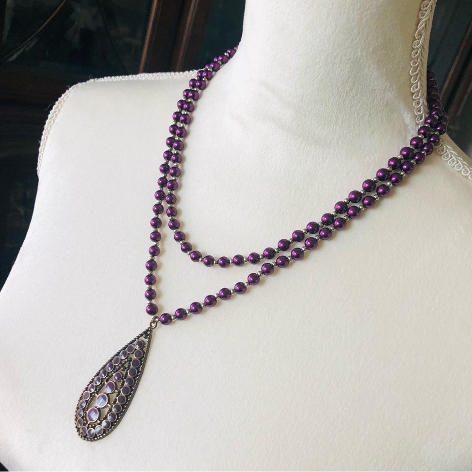 Handmade Handcrafted double strand purple Czech Pearl necklace Size ONE SIZE - 1 Thumbnail