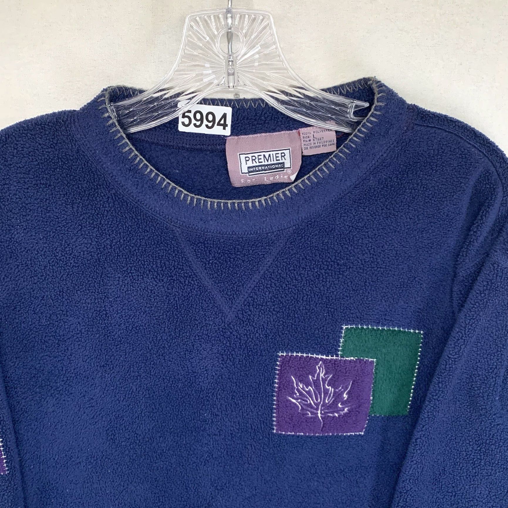 Vintage VINTAGE Women’s Fleece Blue Size Large Embroidered Leaves Purple Green Squares Size L / US 10 / IT 46 - 4 Thumbnail