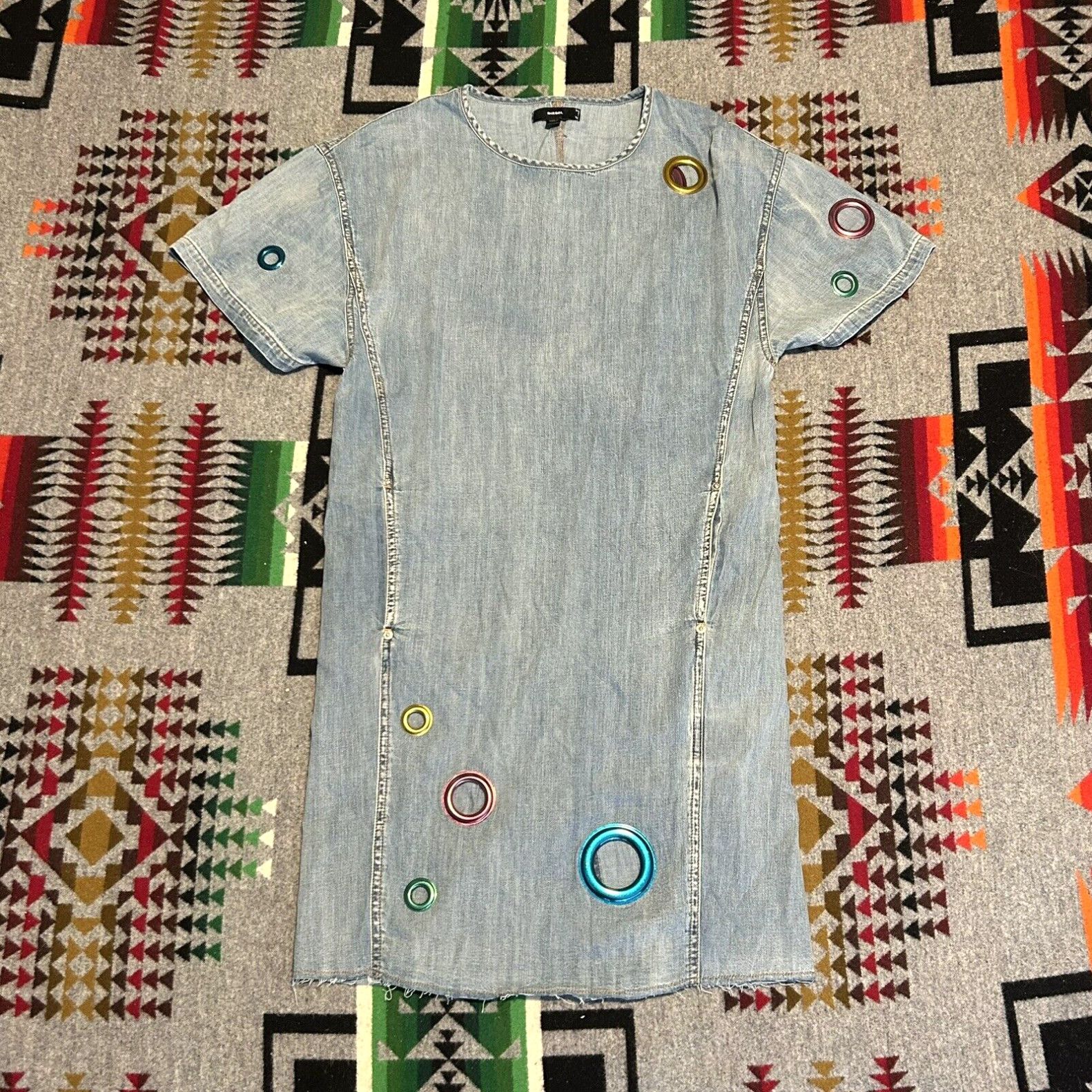 image of Diesel Denim Dress Colorful Eyelets Women’S Size Xs Blue Euc B6 in White, Women's