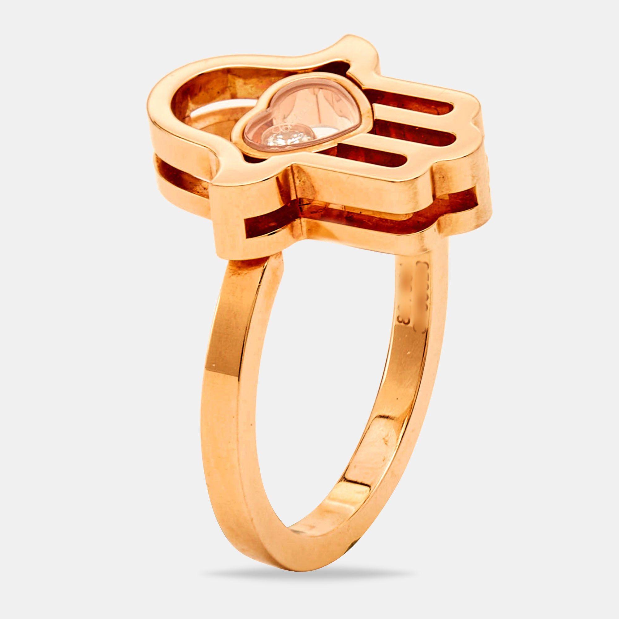 image of Chopard Good Luck Charm Hamsa Hand Diamond 18K Rose Gold Ring Size 50, Women's