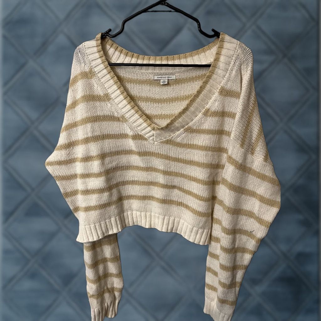 American Eagle Outfitters AMERICAN EAGLE WOMEN'S CABLE-KNIT PULLOVER SWEATER LONG SLEEVE WHITE BEIGE STRIPED L 90s CLASSIC Size L / US 10 / IT 46 - 1 Thumbnail