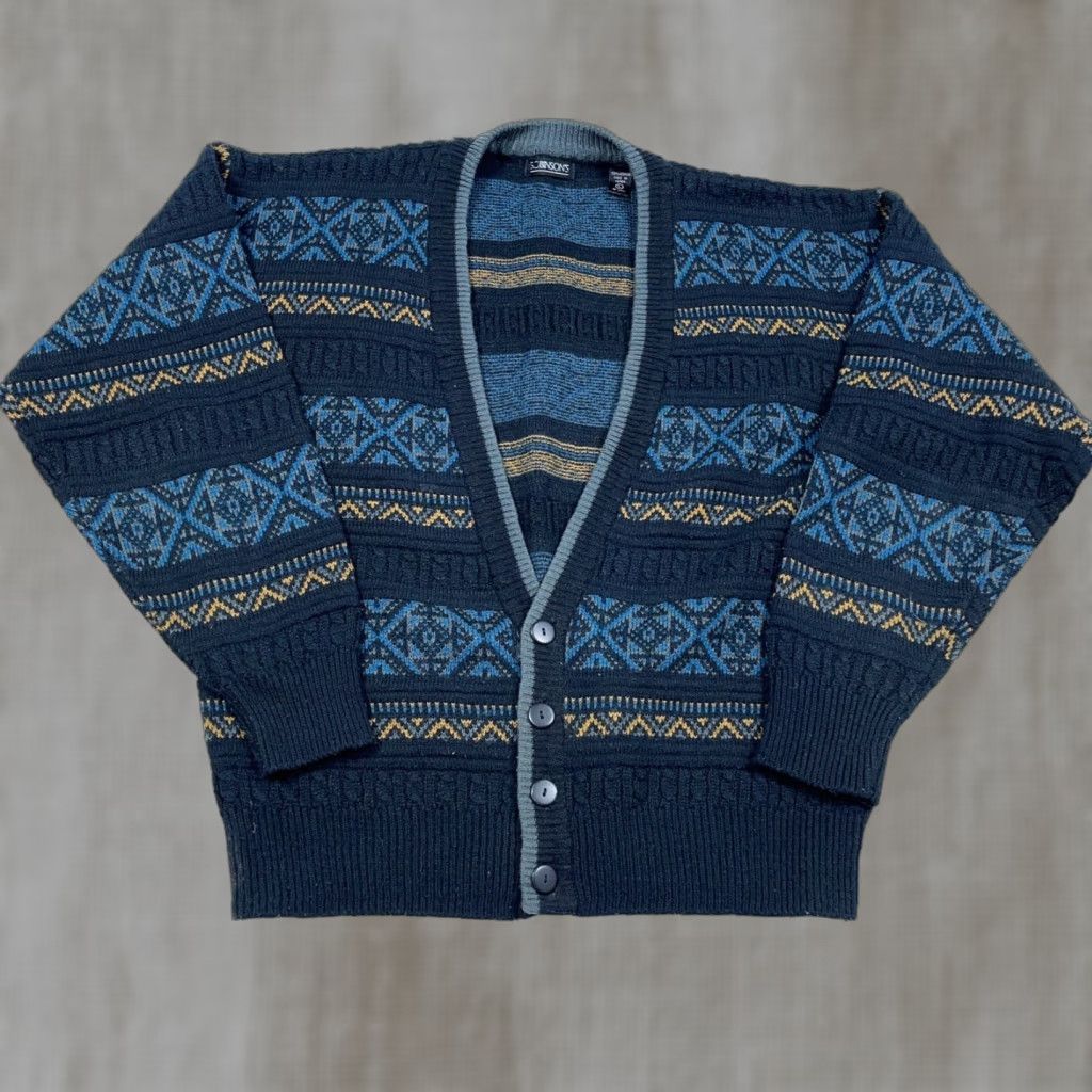 Vintage VINTAGE Cardigan Sweater Men L Blue Grandpa Cosby Geometric 90s Acrylic Golf Swingwear Mens Size US L / EU 52-54 / 3 - 1 Thumbnail