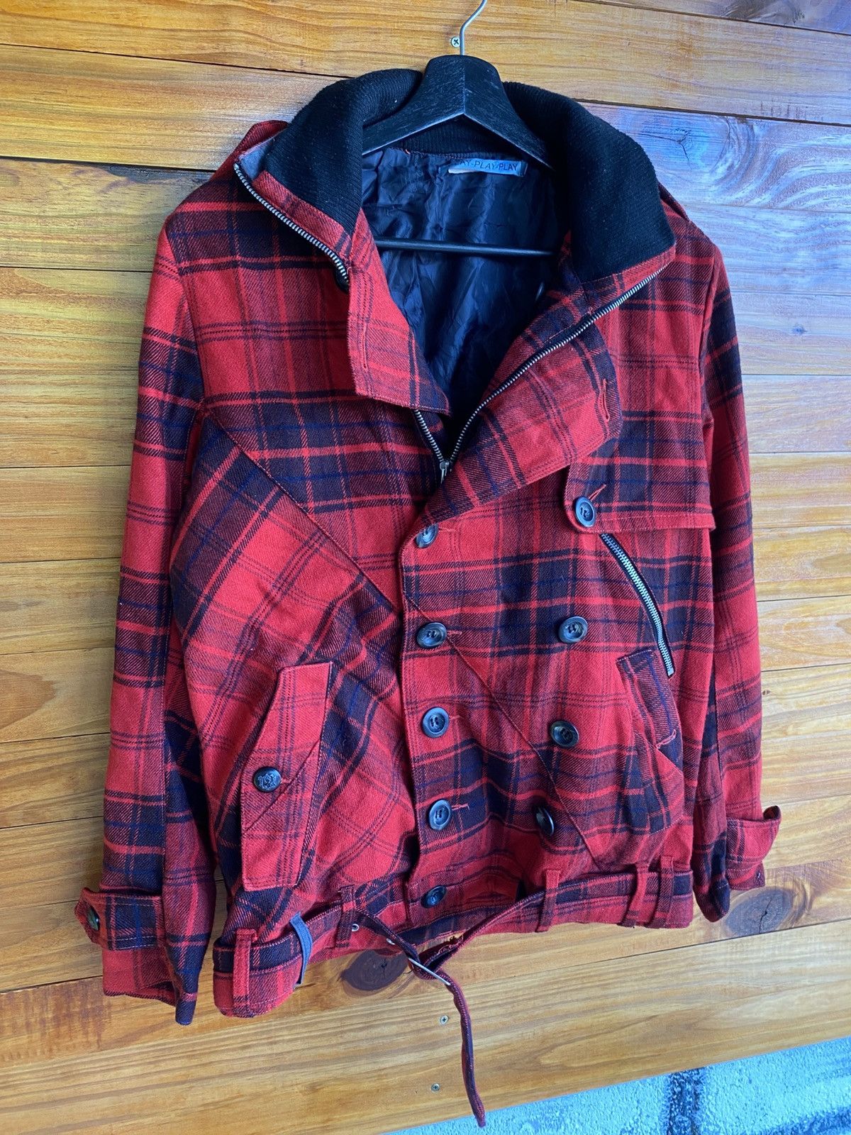 Japanese Brand Vintage 90s Play-Play-Play Red Black Plaid Wool Biker Jacket Size US M / EU 48-50 / 2 - 7 Thumbnail