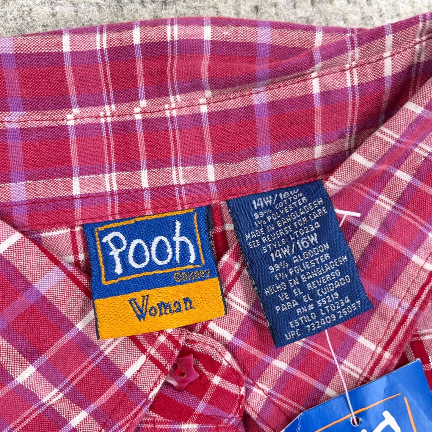 Disney VINTAGE Winnie the Pooh Shirt Womens 14/16W Button Up Sleeveless Red Plaid Adult Size XL / US 12-14 / IT 48-50 - 6 Thumbnail