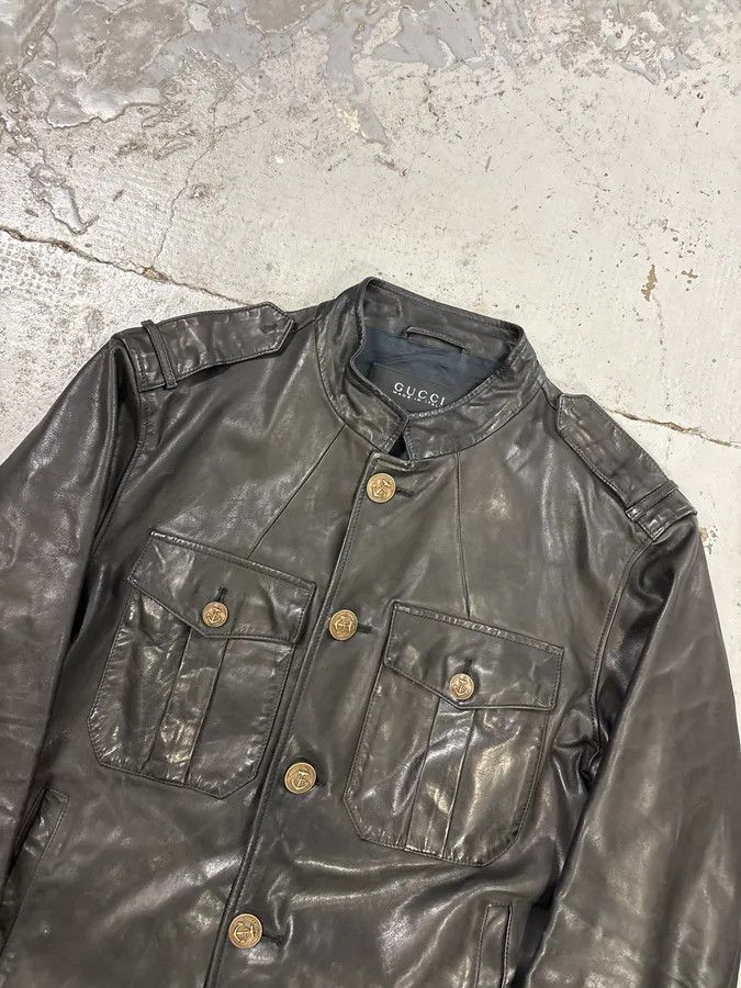 Gucci 2010s Gucci Black Buttoned Officer Leather Jacket by Frida Giannini Size US M / EU 48-50 / 2 - 4 Thumbnail