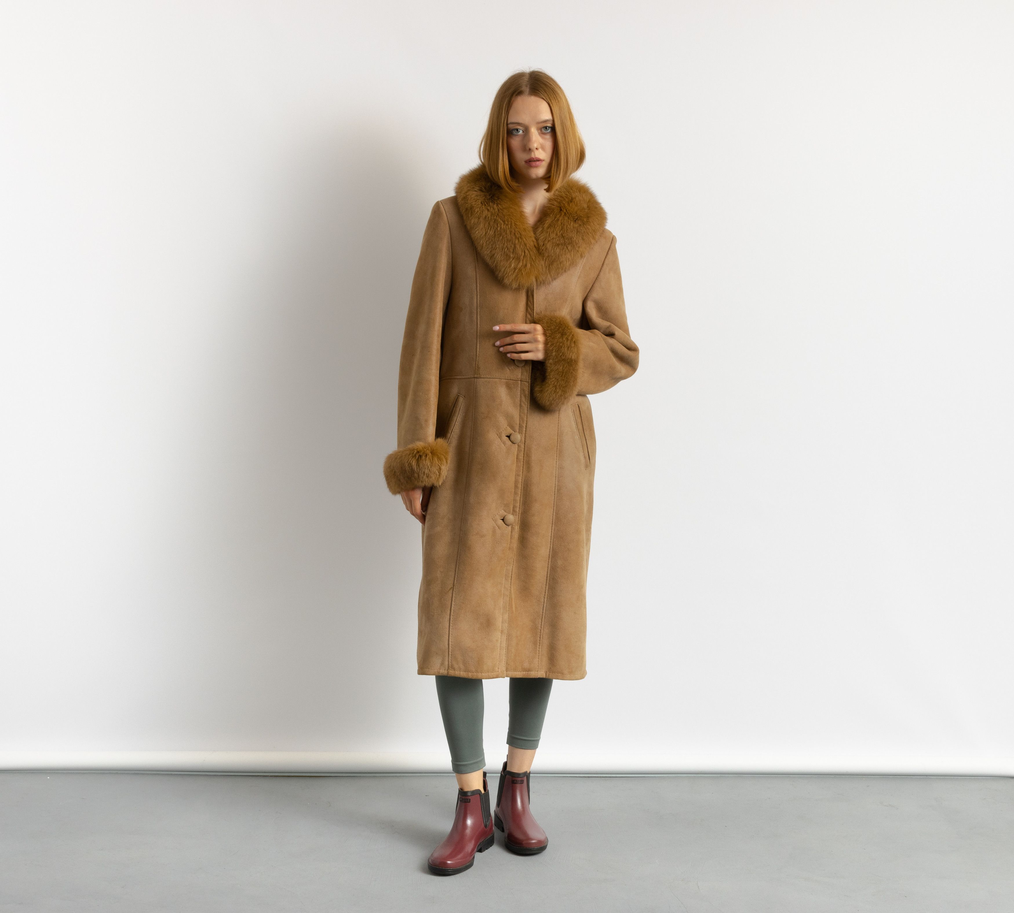Suede Sheepskin Leather Shearling Fastens Coat M 5929