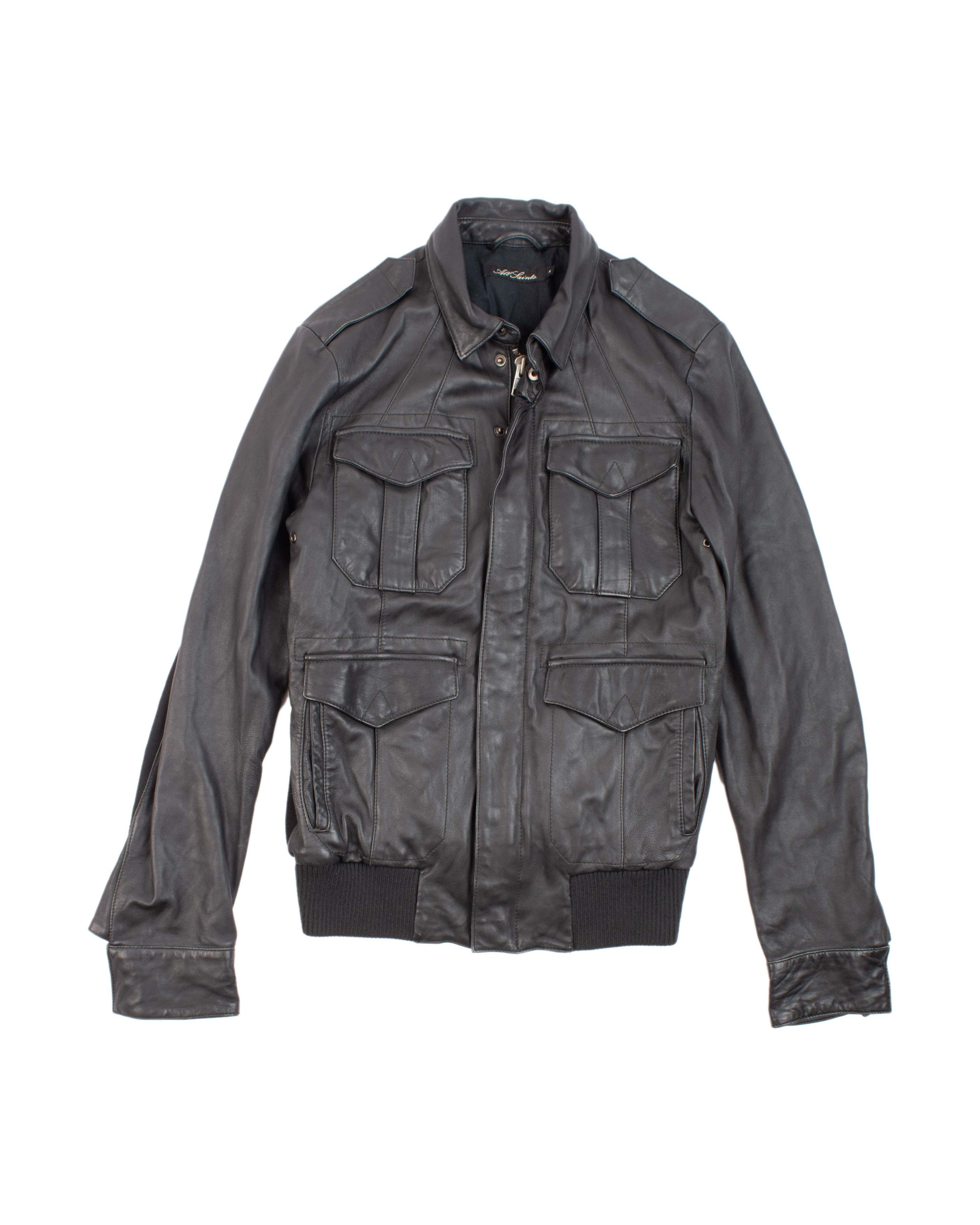 Image of Allsaints All Saints Stearn Classic Leather Short Bomber Jacket in Black, Men's (Size Small)