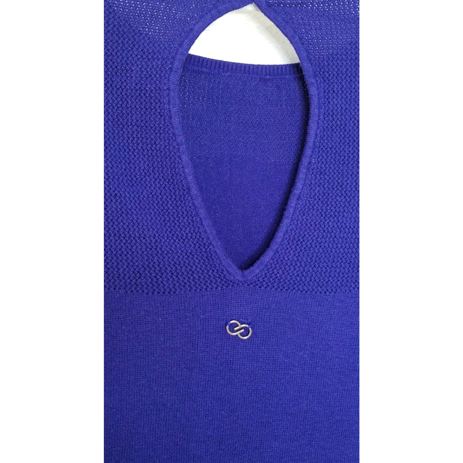 Vintage CALIA By Carrie Underwood Sweater Top Shirt Womens Medium Dark Purple Cotton Blend Knit Open Back Side Slit Circle Scoop Neck Long Sleeve Size M / US 6-8 / IT 42-44 - 3 Thumbnail