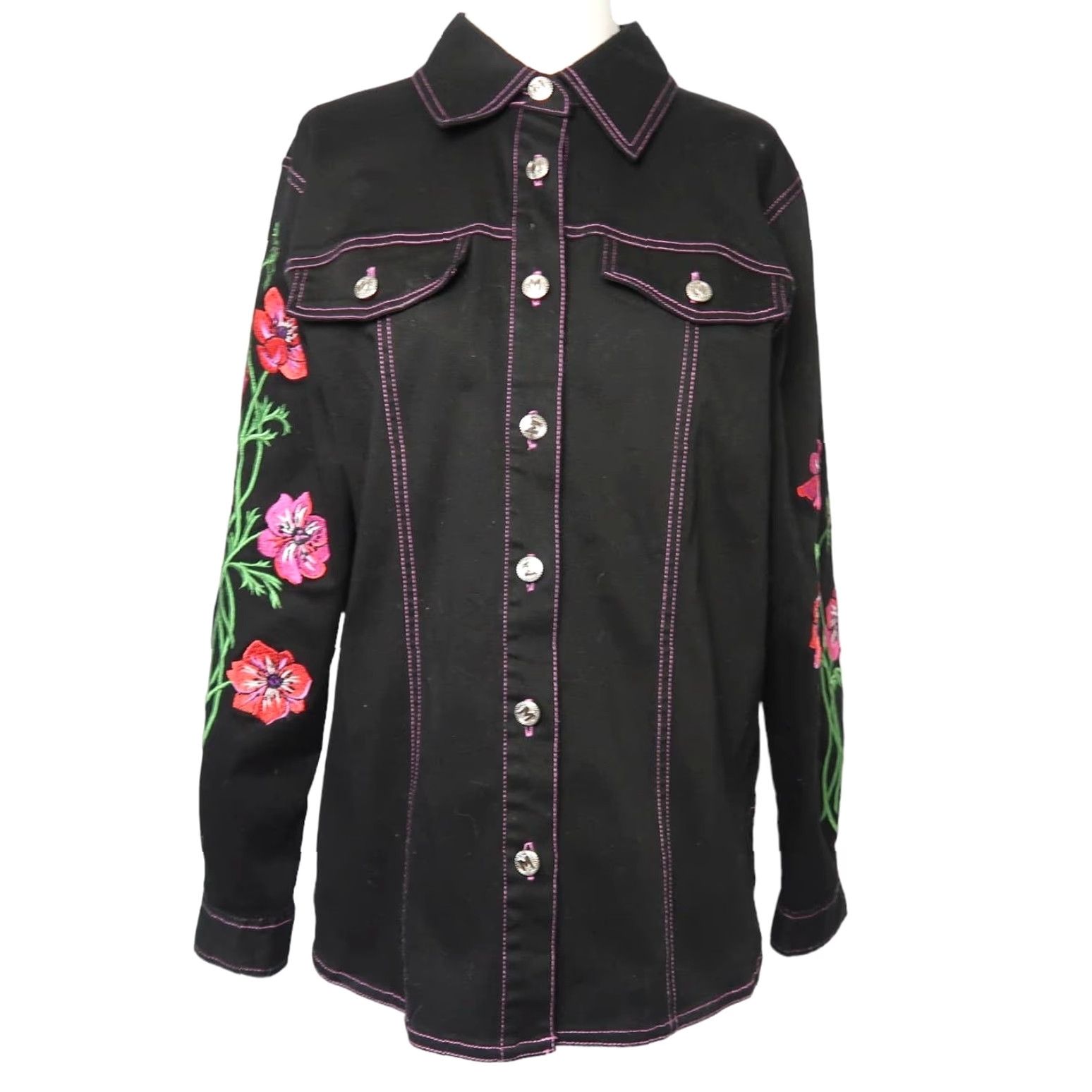 Bob Mackie VINTAGE Bob Mackie Shirt Jacket XS Embroidered Floral Black Pink Long Sleeve Cotton Blend Women's Mid-Length 90s Casual Size XS / US 0-2 / IT 36-38 - 2 Thumbnail