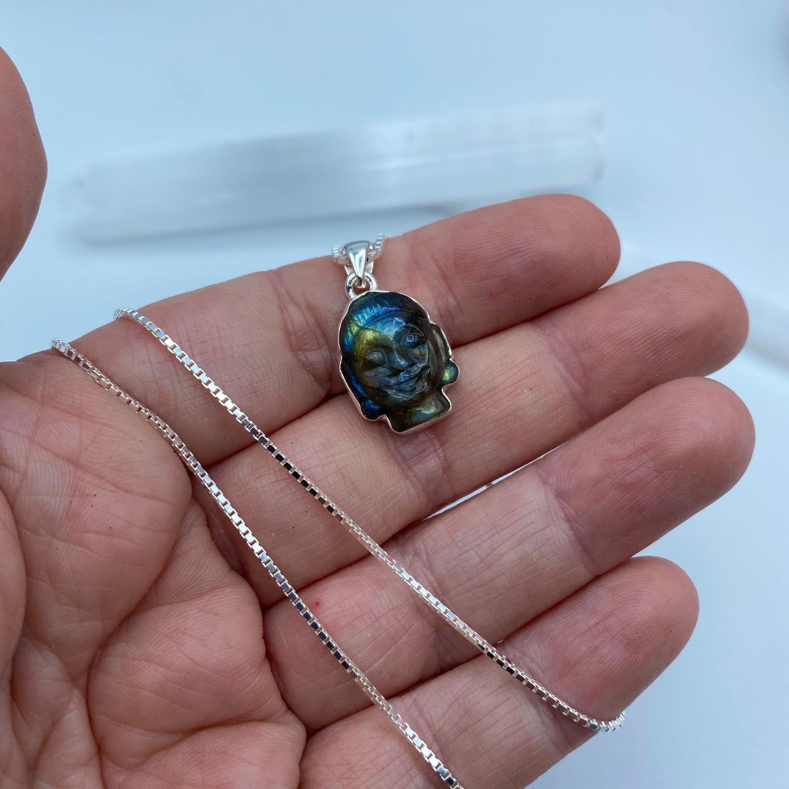 The Unbranded Brand Buddha Carved Labradorite Solid Sterling Silver Necklace Size ONE SIZE - 7 Thumbnail