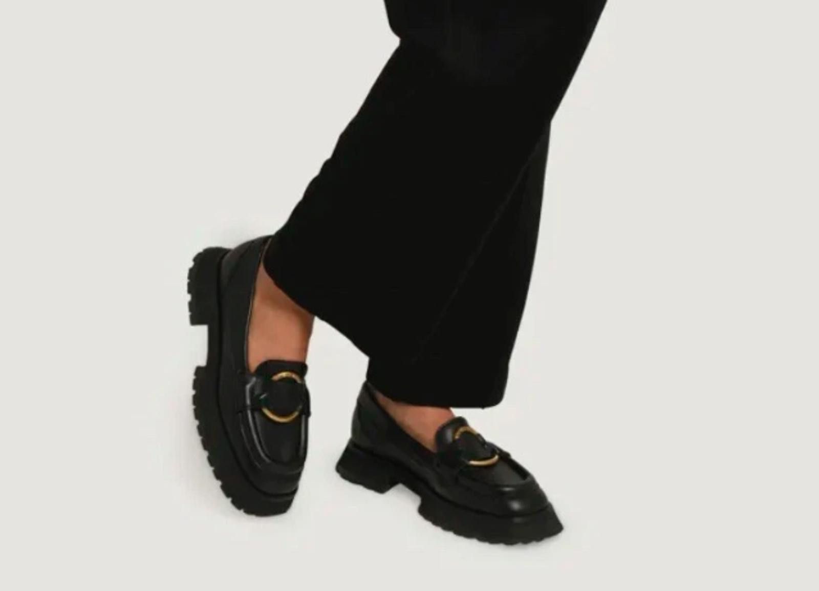 Moncler Moncler Women's Black Leather Loafers with Gold Accent Size US 8 / IT 38 - 9 Thumbnail