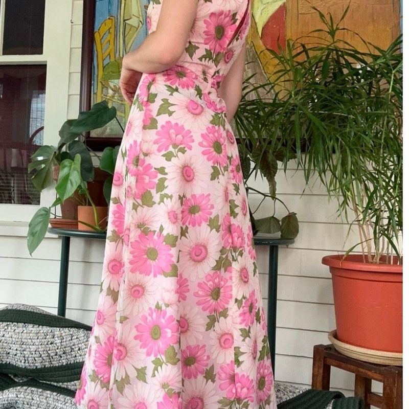 Vintage Vintage 60s Pink Green Flower Power Maxi Dress XS Small Boho Size S / US 4 / IT 40 - 1 Thumbnail