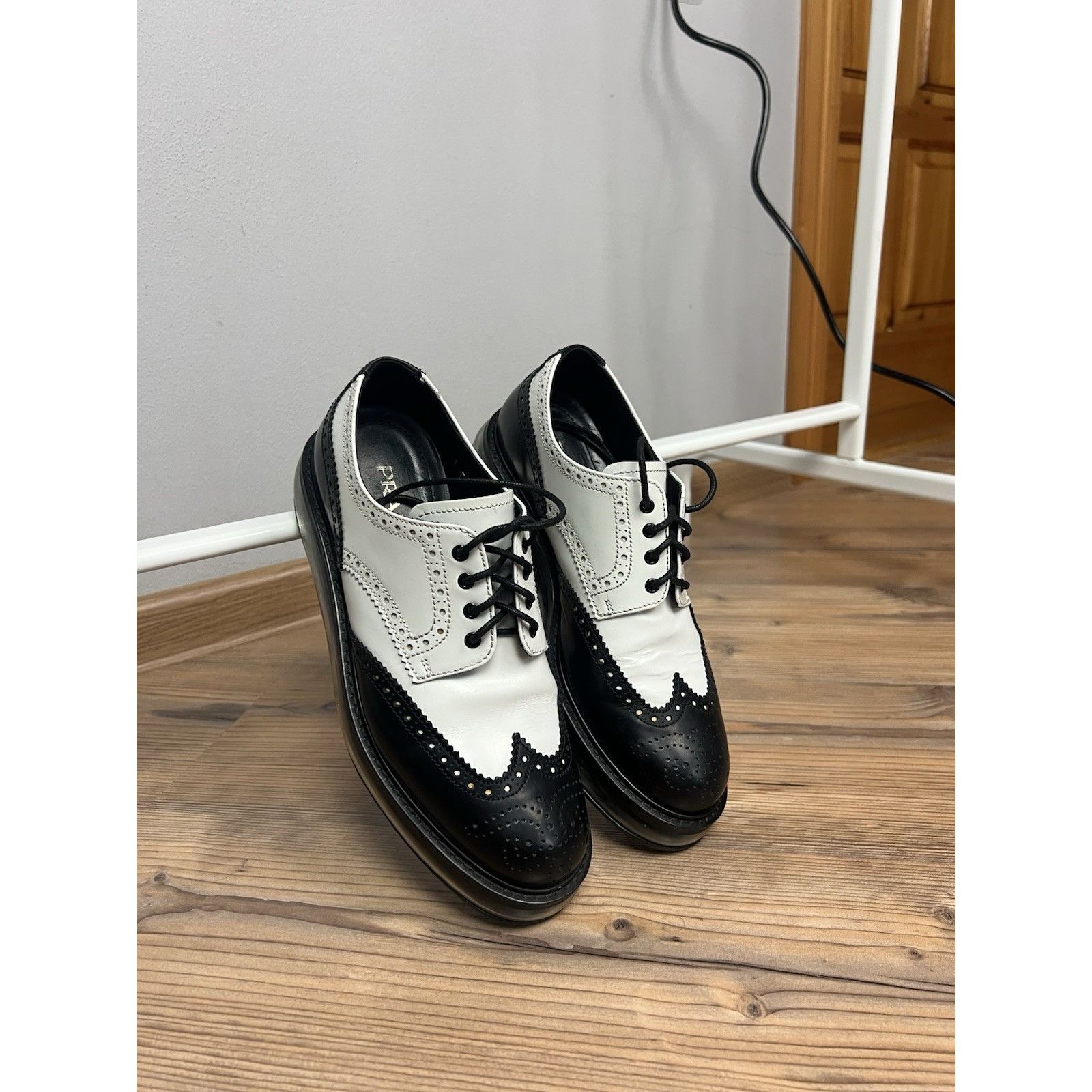 Prada PRADA Milano Women`s Black White Leather Derby Brogues Size Size US 8 / IT 38 - 1 Thumbnail