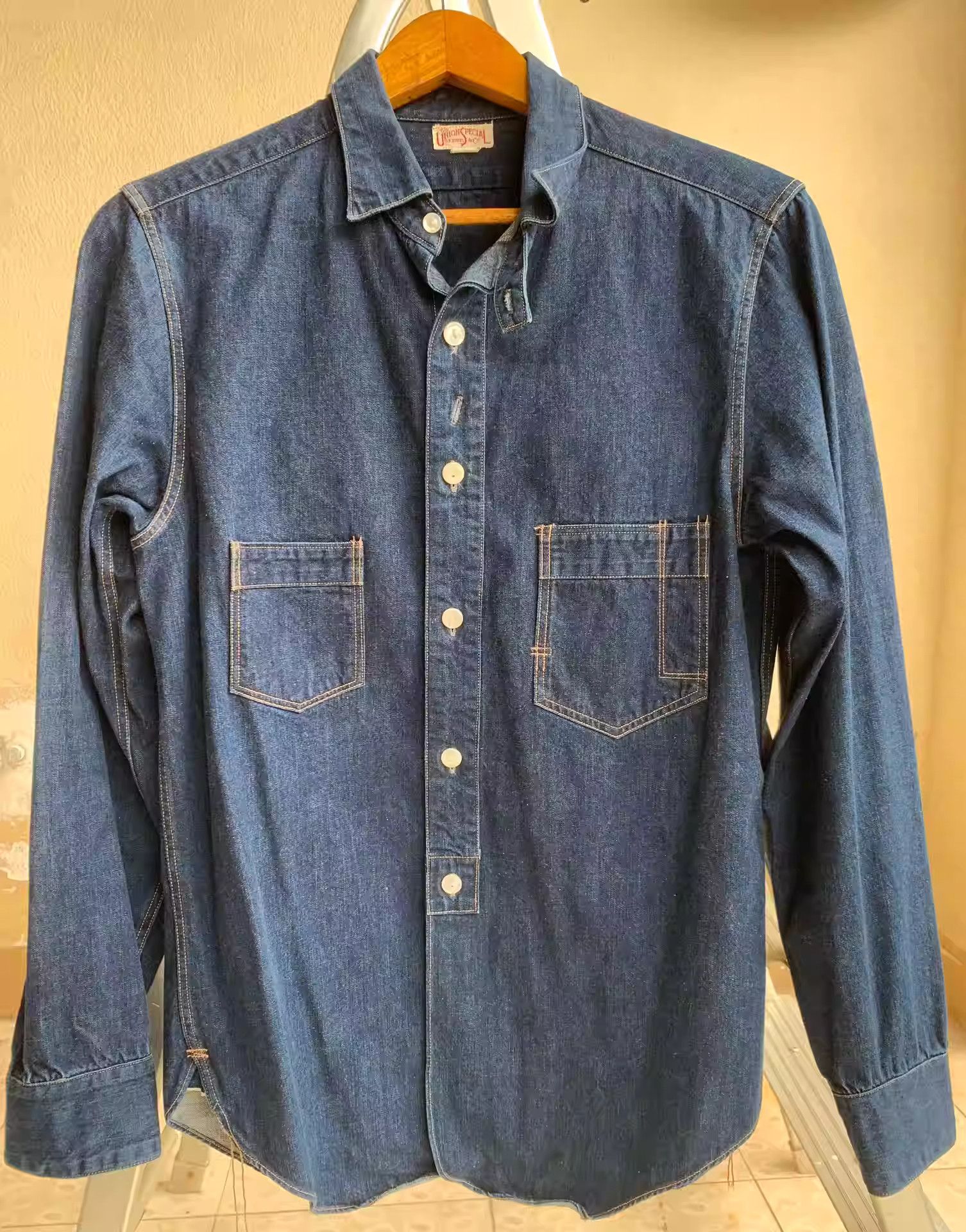 freewheelers asymmetrical pocket denim shirt