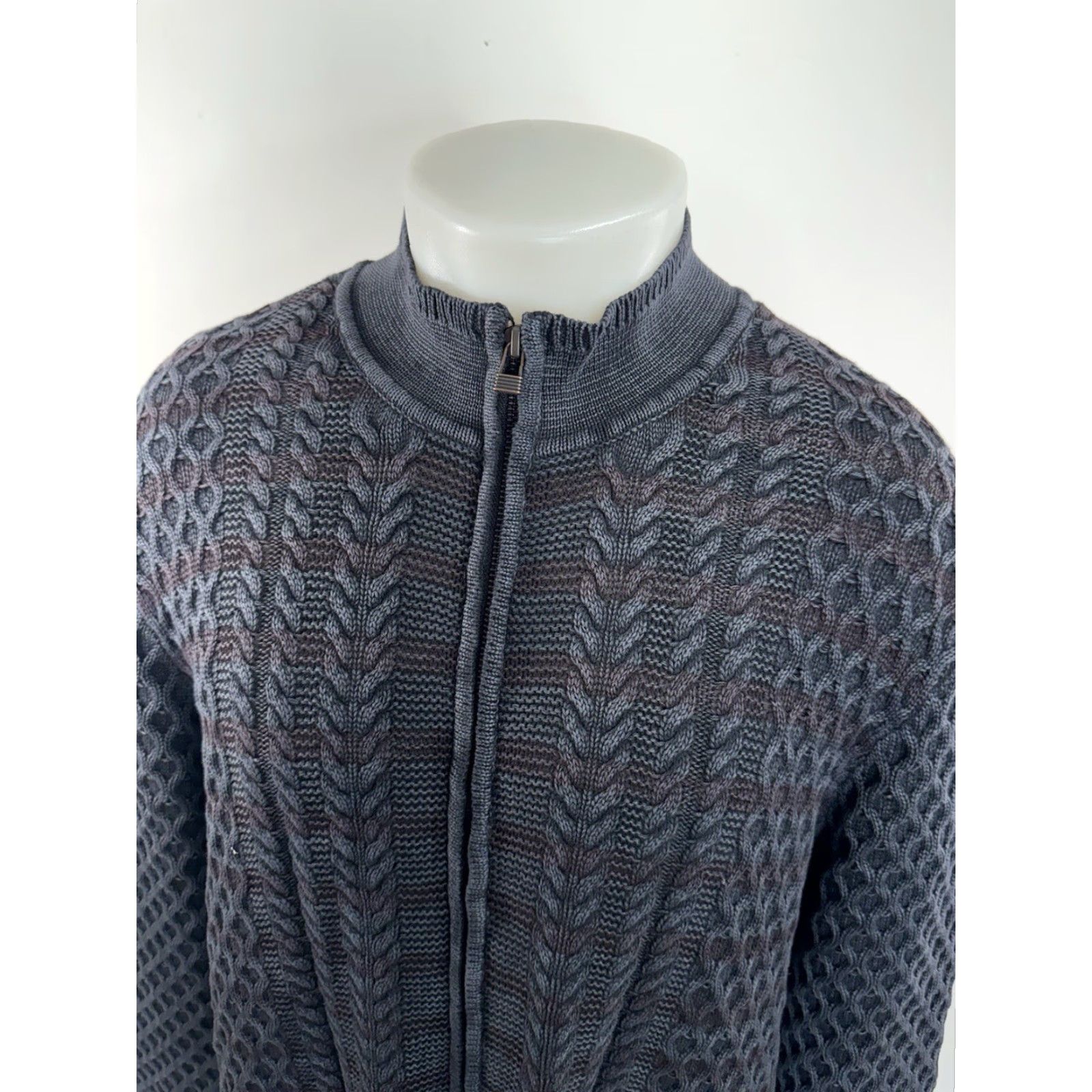 Carbon2Cobalt Carbon2Cobalt Full Zip Cable Knit Mens L Sweater Jacket Blue w Brownish Red Stripes Sweater Jacket Mens L Blue Browns Mens Size US L / EU 52-54 / 3 - 2 Thumbnail
