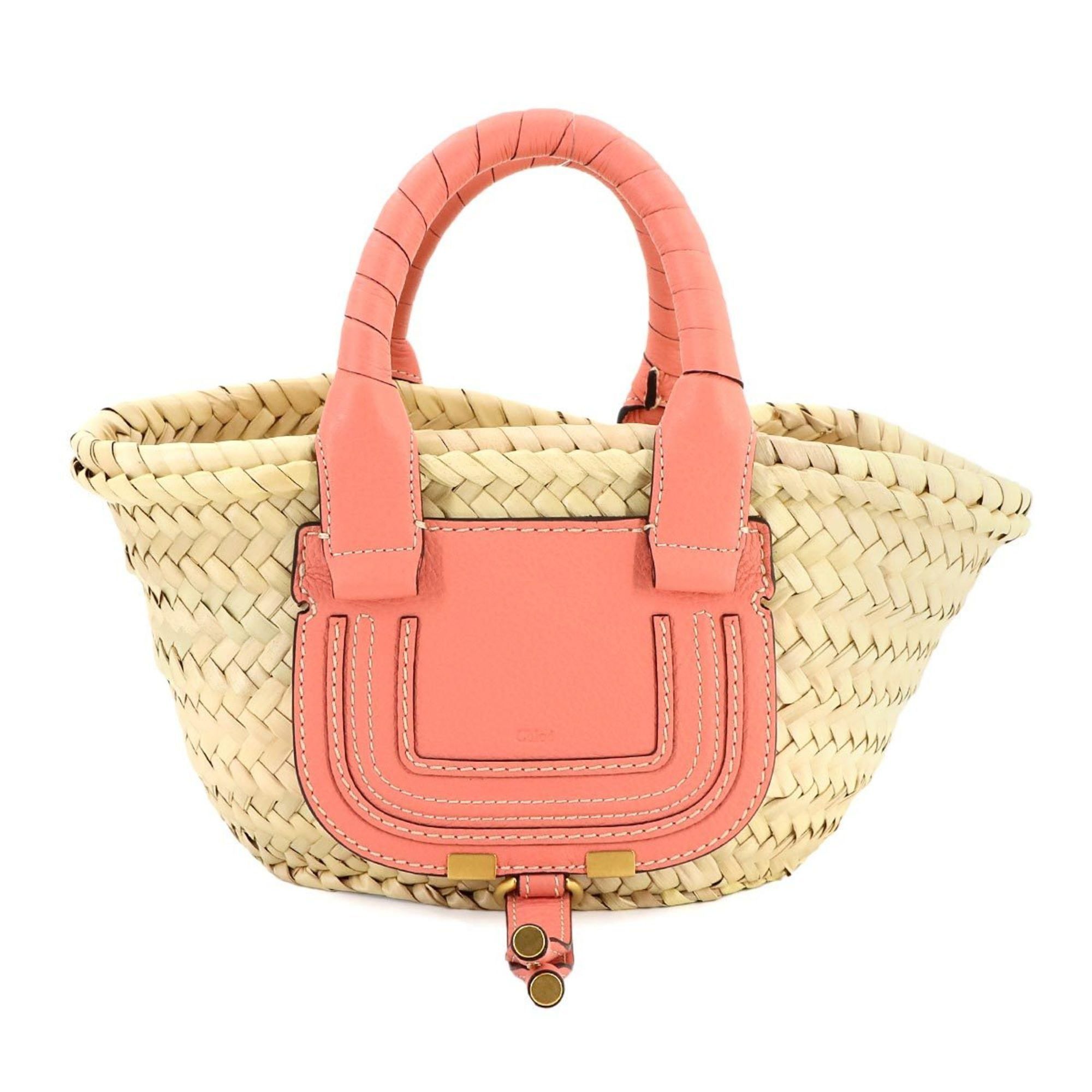Chloé Chloe Marcie Mini Basket Handbag, Bag, Raffia Leather, Beige, Pink Chc21Us832C97, Gold Hardware, Bag, Women's