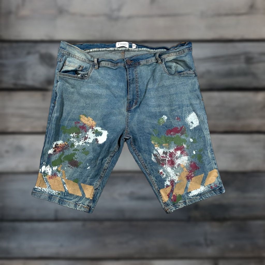 Denime VINTAGE FWRD Paint Splatter Denim Shorts Bermuda Mens 41 x 13 Blue 90s Hip Hop Retro, 44 Tag Men’s Regular Gender Mens Size US 41 - 1 Thumbnail