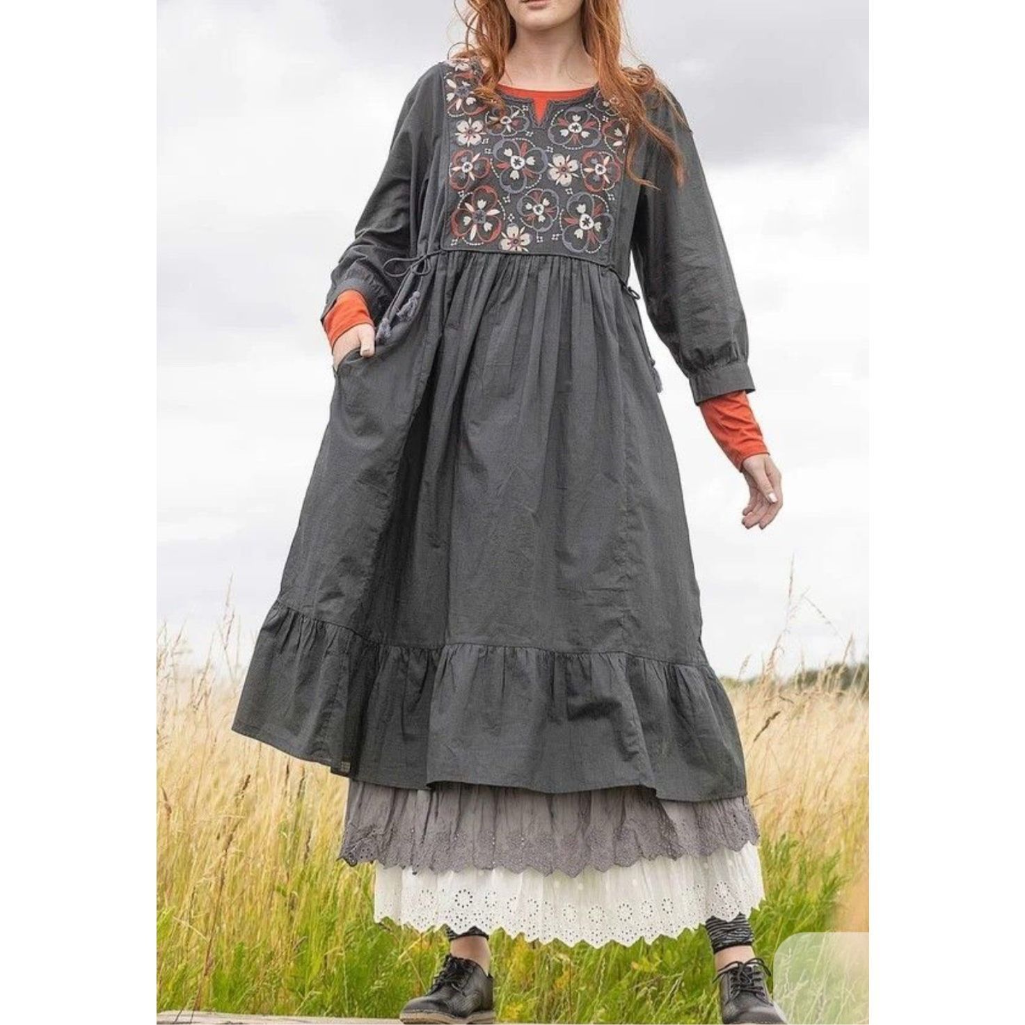 Gudrun Sjoden embroidered grey boho lagenlook dress size XS
