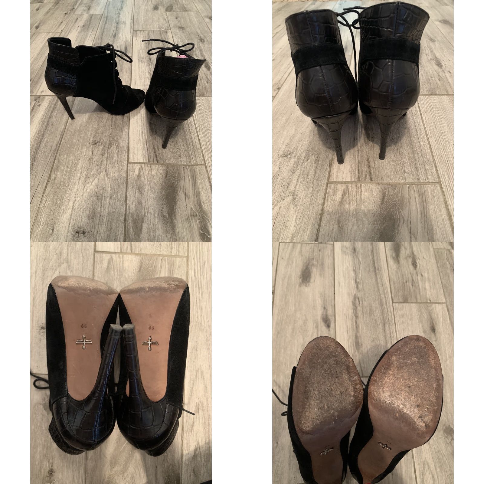 Vintage VINTAGE Pour La Victoire Vionne Lace-Up Peep-Toe Suede Embossed Black Ankle Booties 8.5 Women Modern Pump Heel 4 in+ Stiletto Size US 9 / IT 39 - 8 Thumbnail