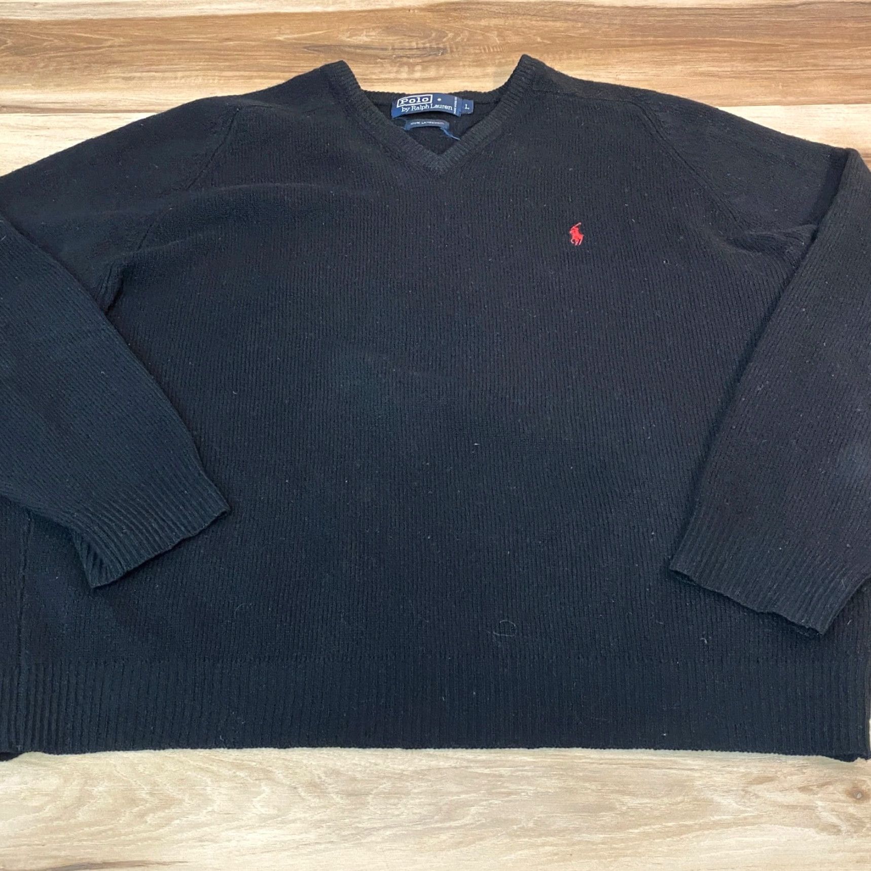 VINTAGE Polo Ralph Lauren Sweater Shirt Mens L Black Polo Ralph Lauren 100% Lambswool V-Neck Red Pony