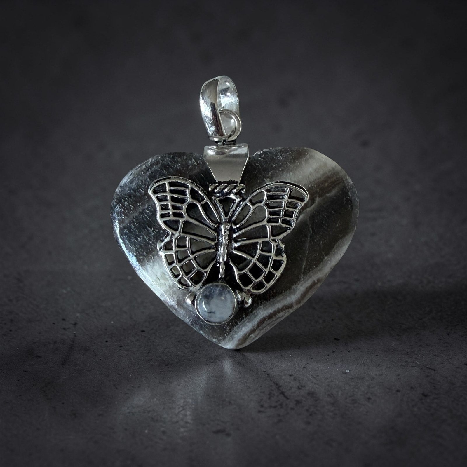 The Unbranded Brand Zebra Calcite & Moonstone Butterfly Heart Pendant Size ONE SIZE - 1 Thumbnail