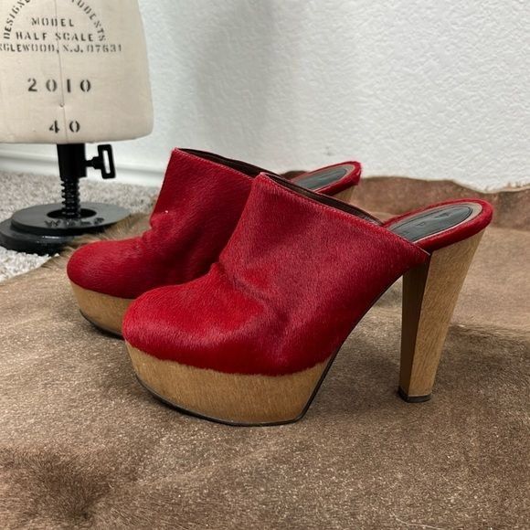 Marni Marni Red Ponyhair Wood Platform Mules Size US 7.5 / IT 37.5 - 1 Thumbnail