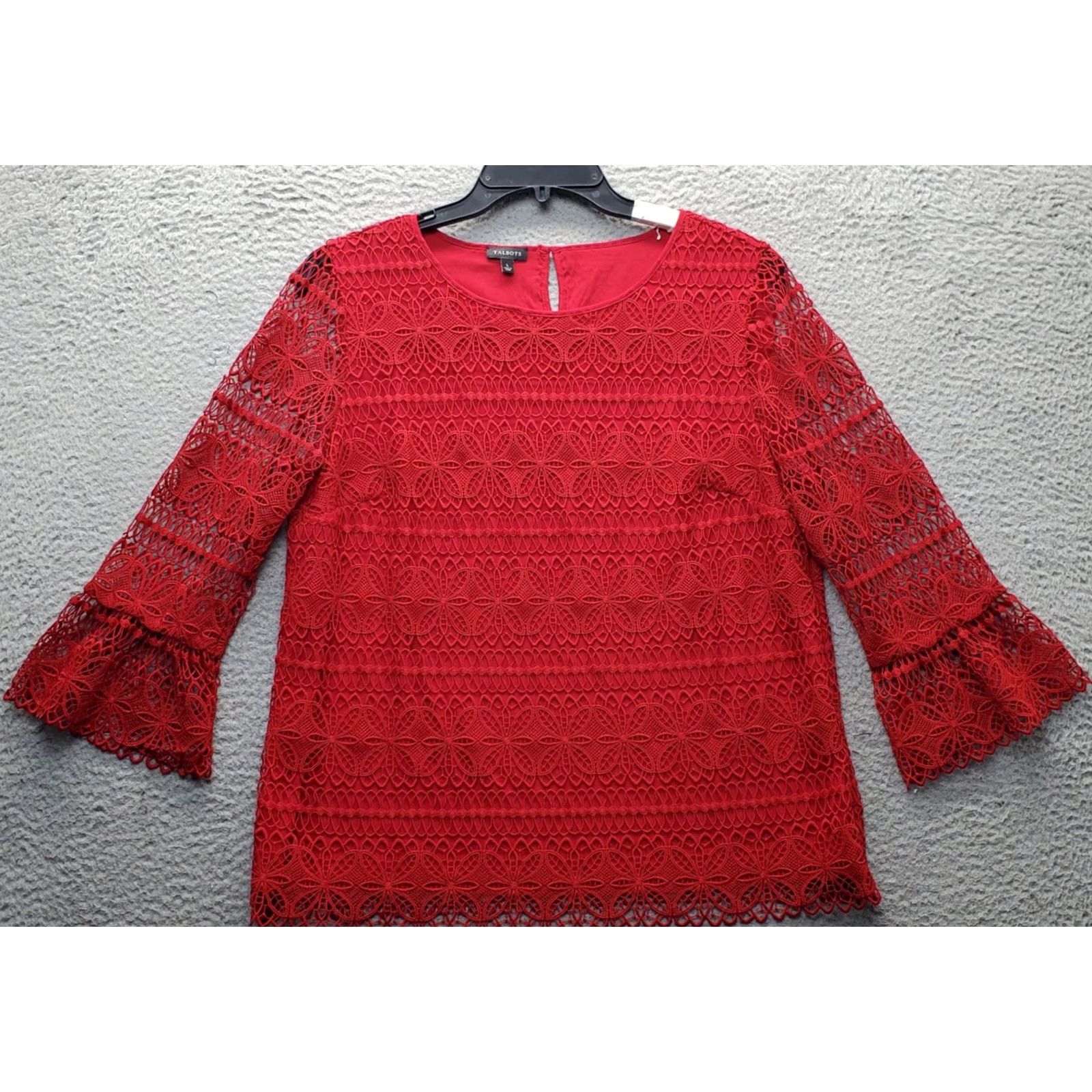 Talbots Talbots Blouse Womens L Red Floral Lace 3/4 Bell Sleeve Side Zip Vintage: No Size L / US 10 / IT 46 - 2 Thumbnail