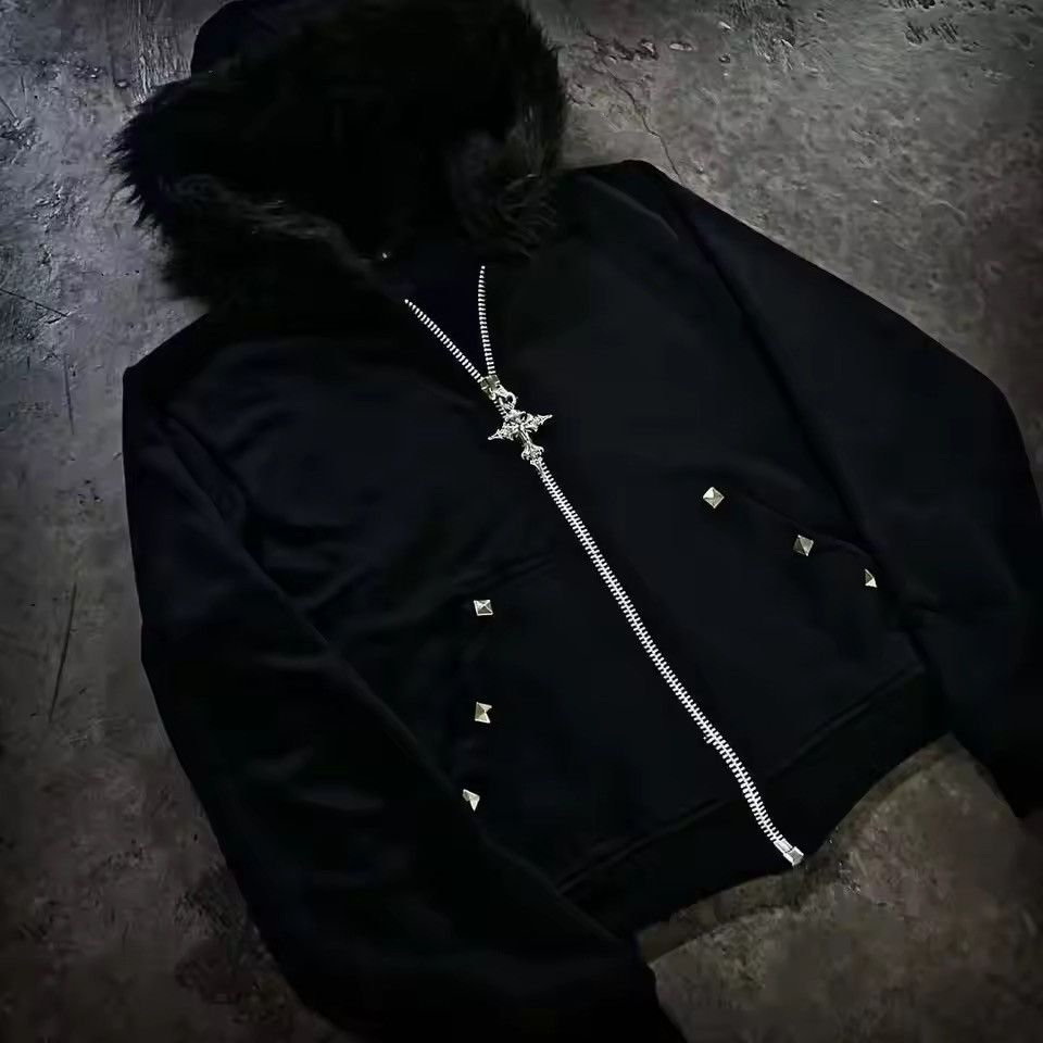 Other Fashion Punk Goth Grunge Dark Cross Fur Hat Graphic Hoodies Size US M / EU 48-50 / 2 - 1 Thumbnail