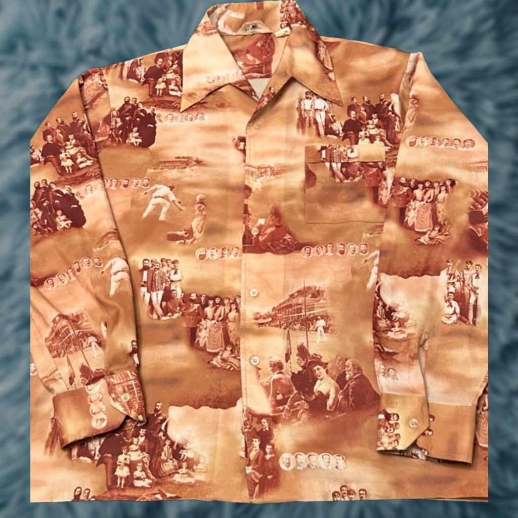 Gloverall VINTAGE All Over Print Button Up Shirt American History Art Mens XL 1970s 70s USA Brown Long Sleeve Button-Up Size US XL / EU 56 / 4 - 1 Thumbnail