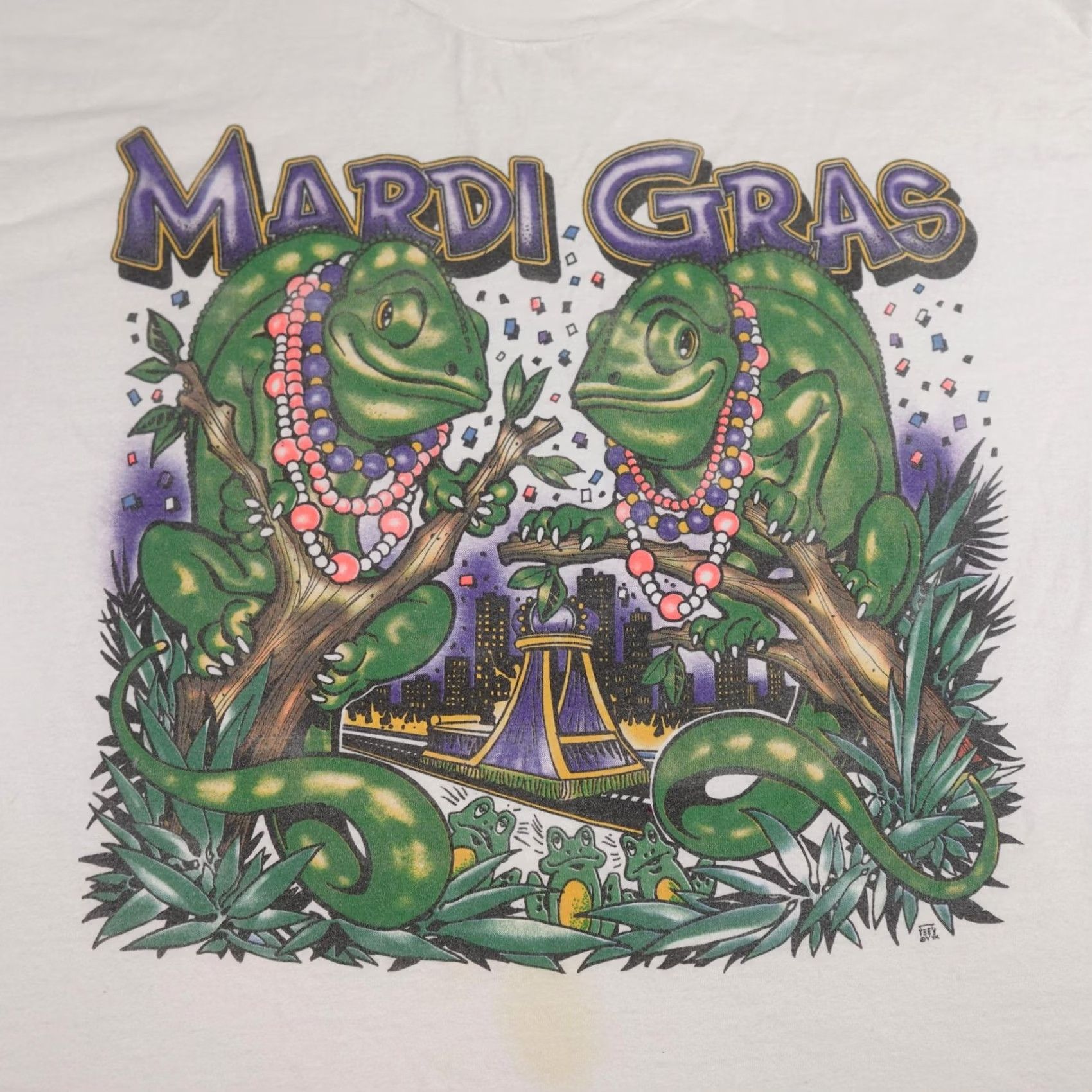 Tultex VINTAGE Mardi Gras Shirt Mens Large White Frogs Beads Festival Graphic 90s Tee Size US L / EU 52-54 / 3 - 3 Thumbnail