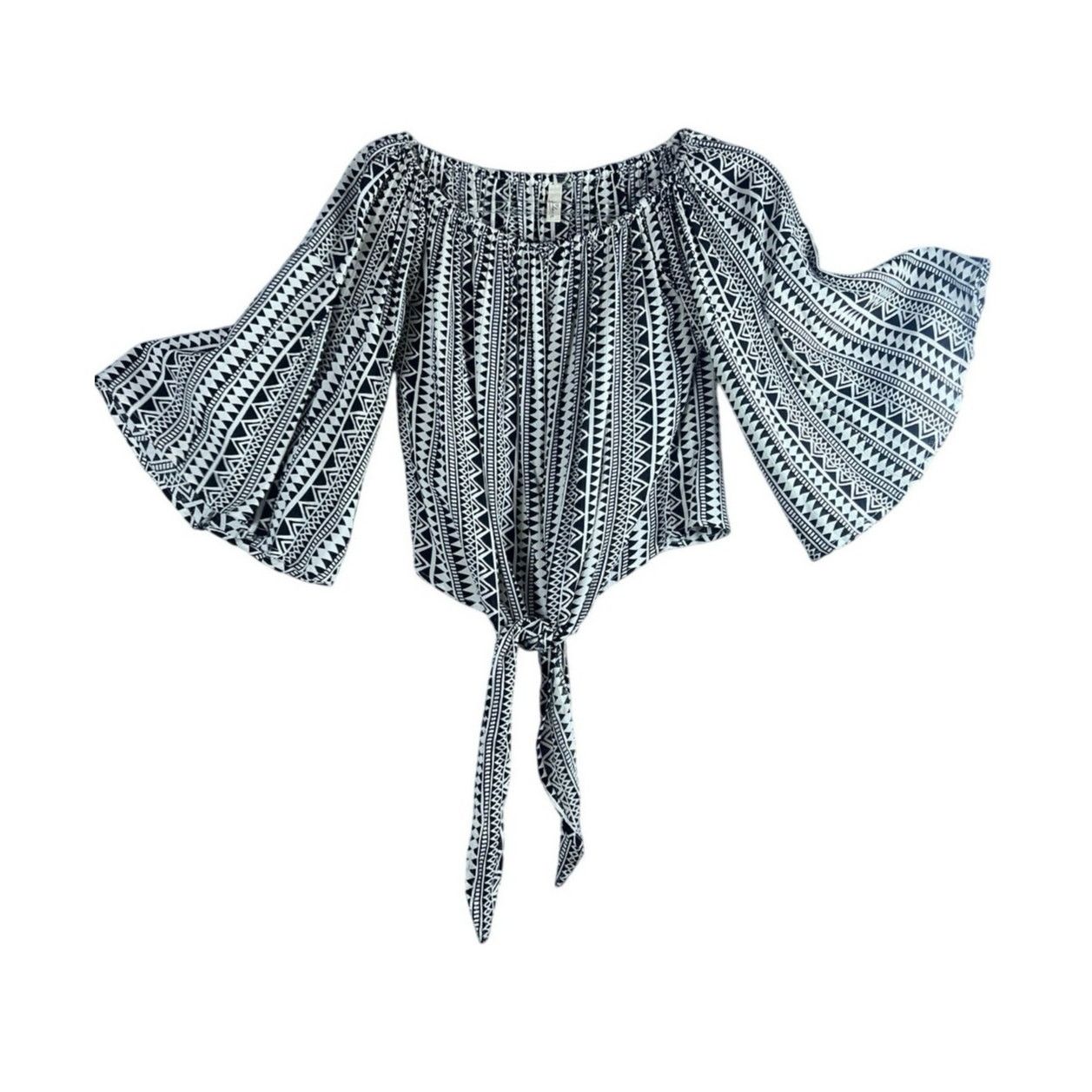 ELAN Elan Boho Tie Front Flutter Sleeve Crop Top Cream Black S Size S / US 4 / IT 40 - 2 Thumbnail