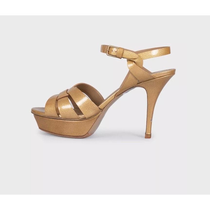 Saint Laurent Paris Saint Laurent Tribute Gold Leather Sandals - Sz. 38.5 Size US 7.5 / IT 37.5 - 1 Thumbnail