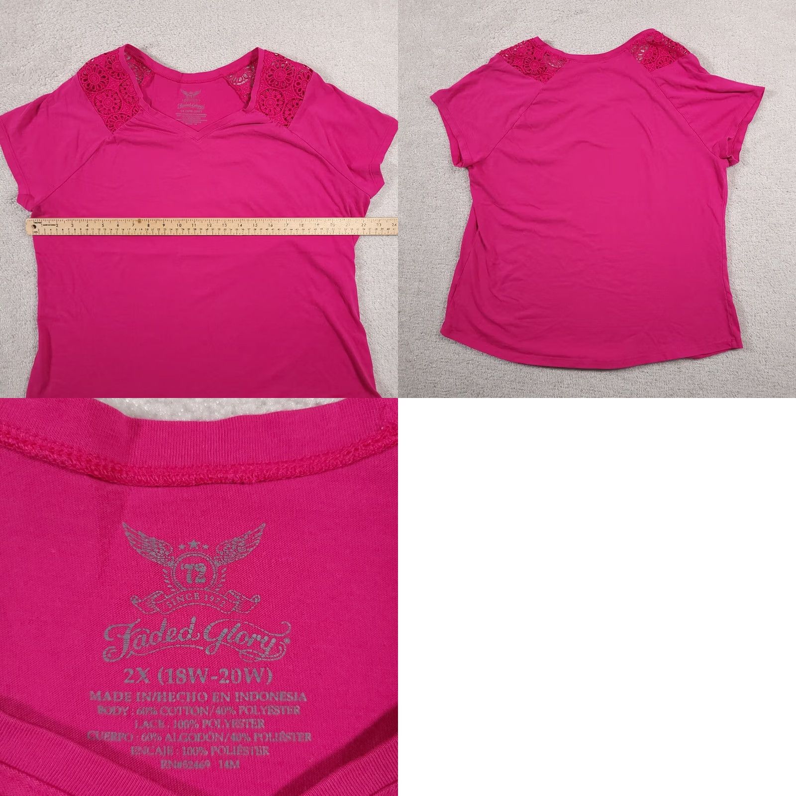 Faded Glory Faded Glory Shirt Women's Plus 2X Bright Pink Crochet Shoulder Short Sleeve Size XXL / US 16-18 / IT 52-54 - 8 Thumbnail