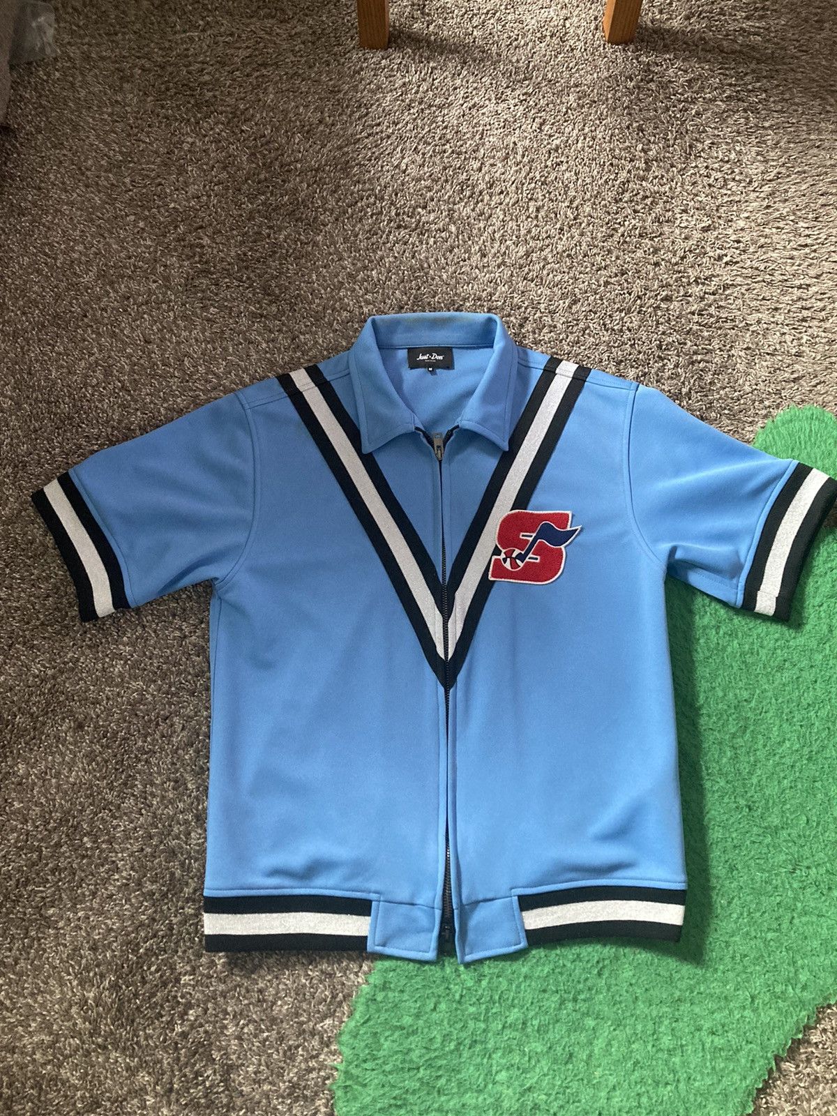 image of Just Don Chenille Patch Warmup in Blue, Men's (Size Medium)