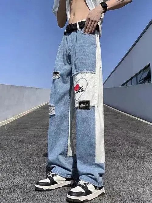 Jean Street hip-hop blue and white patchwork washed jeans Size US 30 / EU 46 - 6 Thumbnail