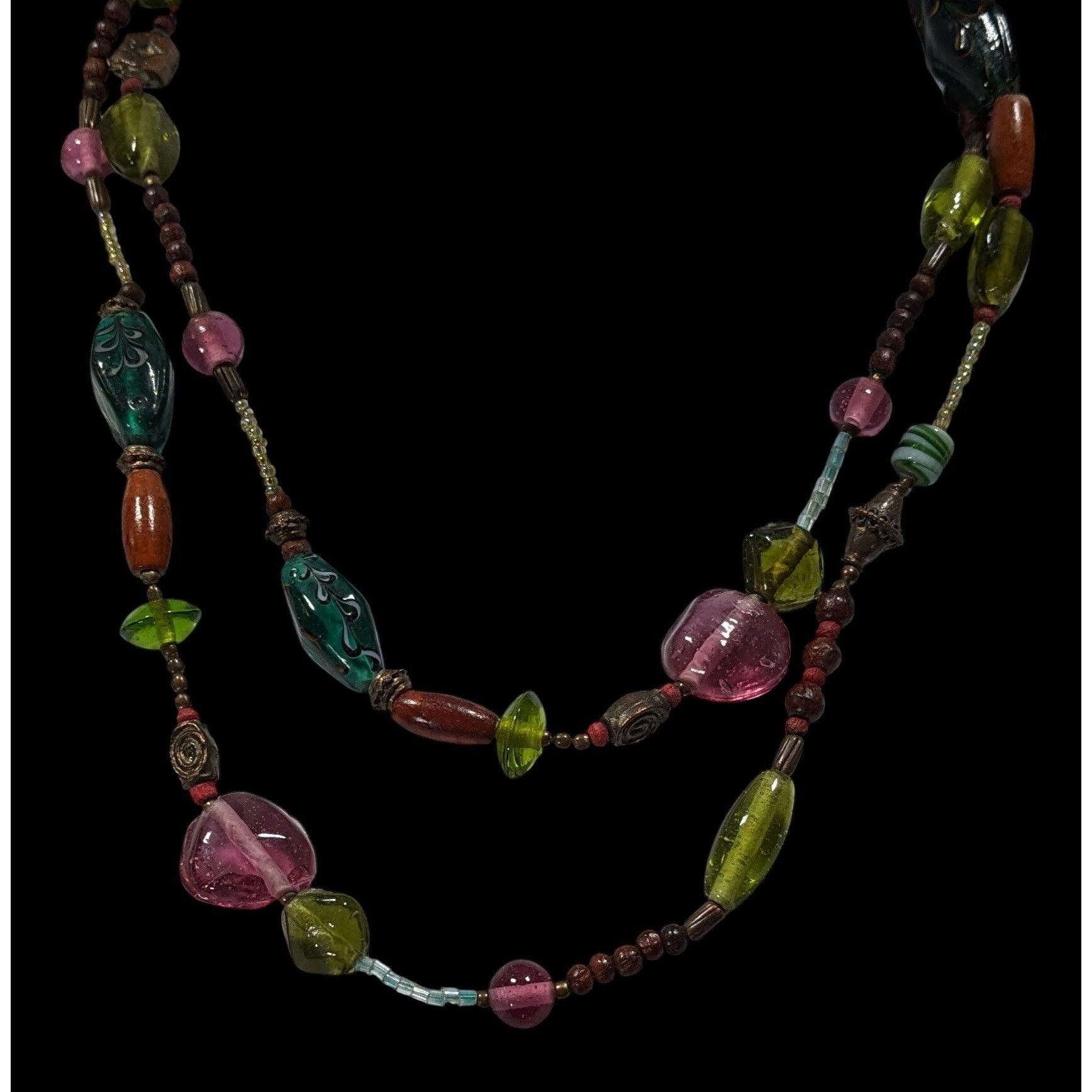 Handmade Handmade Cottagecore Pink And Green Layered Glass Beaded Nec Size ONE SIZE - 2 Thumbnail