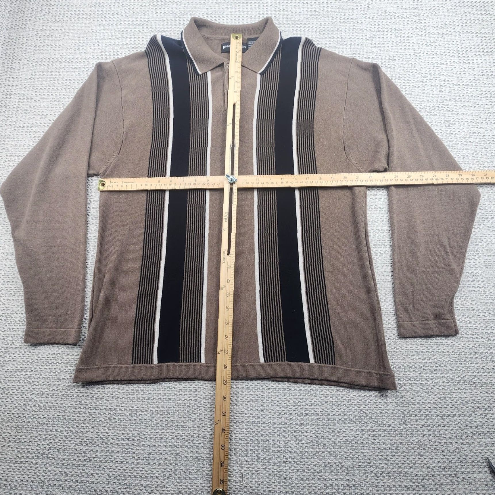 Pierre Cardin Piere Cardin Polo Shirt Mens XL Brown Black Vertical Stripe Knit Long Sleeve Polo Collar Lightweight Breathable Casual Size US XL / EU 56 / 4 - 6 Thumbnail