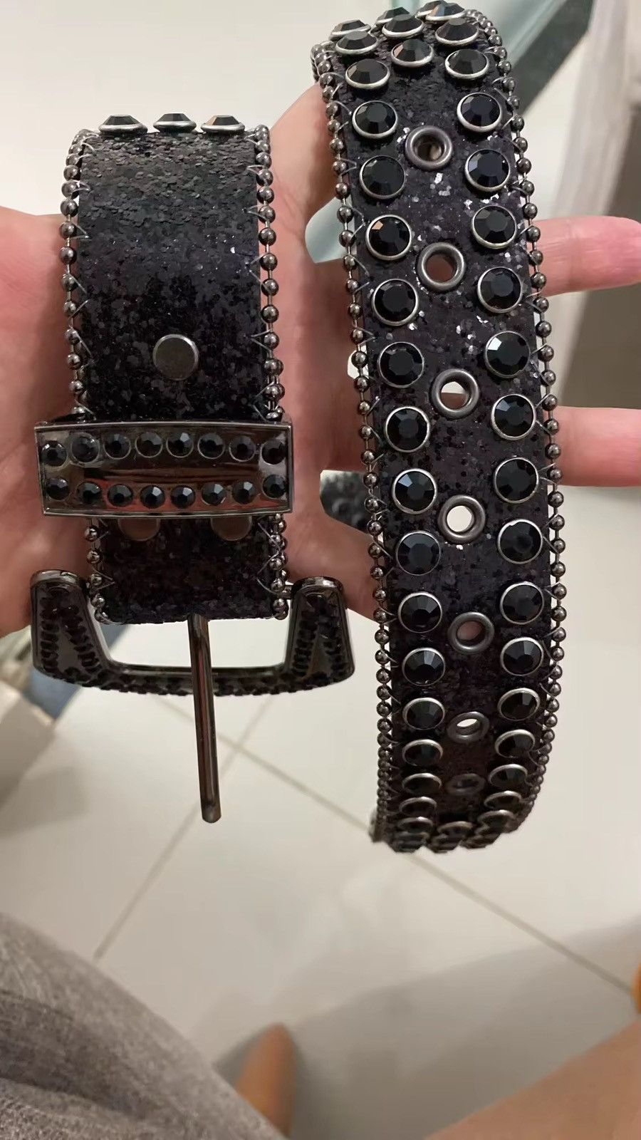 Leather × Vintage Black rhinestone shiny rivet belt Y2K Size ONE SIZE - 5 Thumbnail