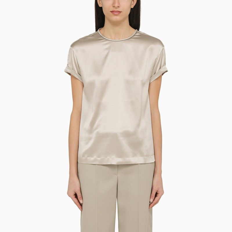 image of Brunello Cucinelli Quartz-Coloured Silk Satin Top in Beige, Women's (Size Medium)