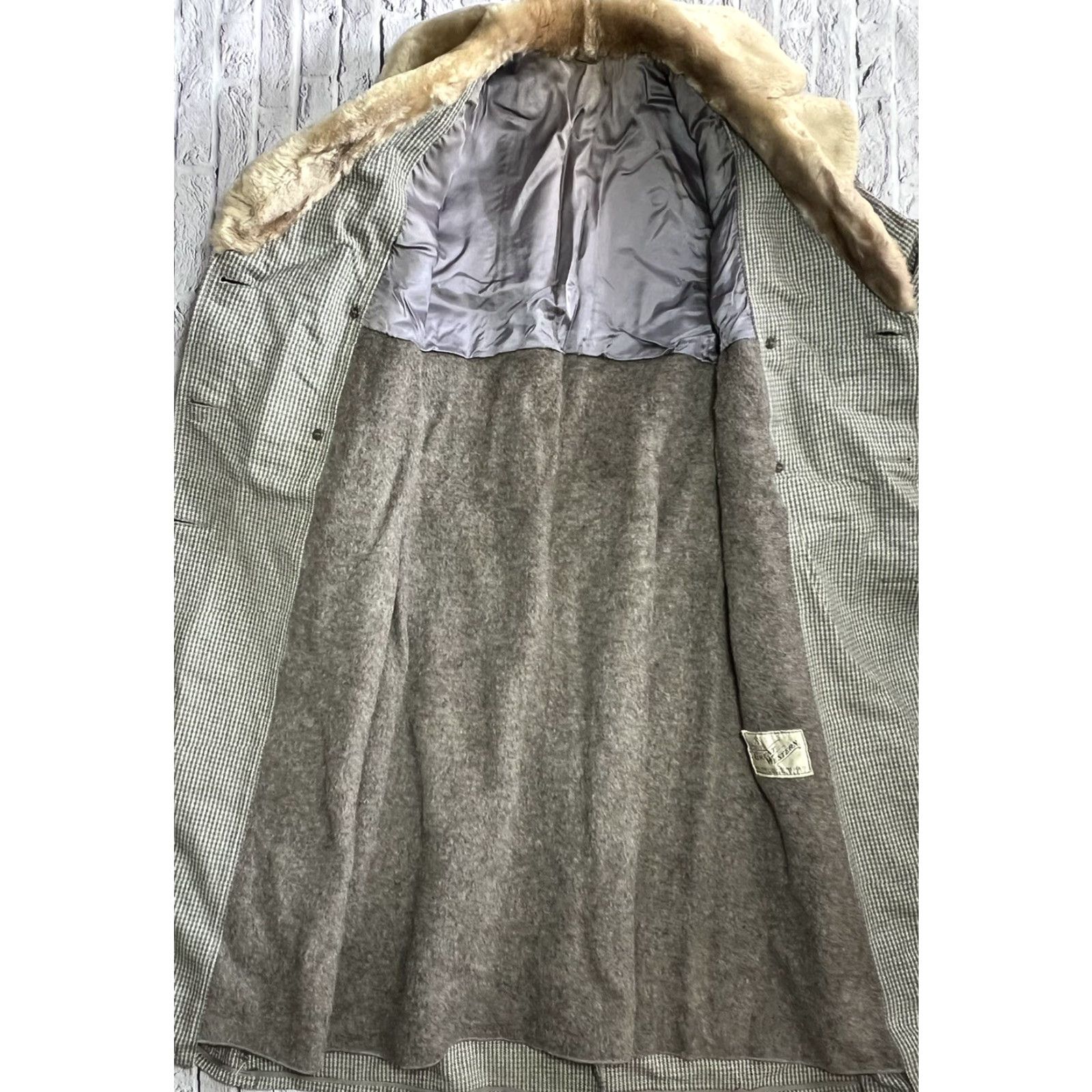 Greats VINTAGE robitshek schneider Great Western Wool Houndstooth Jacket Womens Coat Overcoat S Green Fur Trim Double Breasted Belted Wool Lined Buttoned Size S / US 4 / IT 40 - 7 Thumbnail
