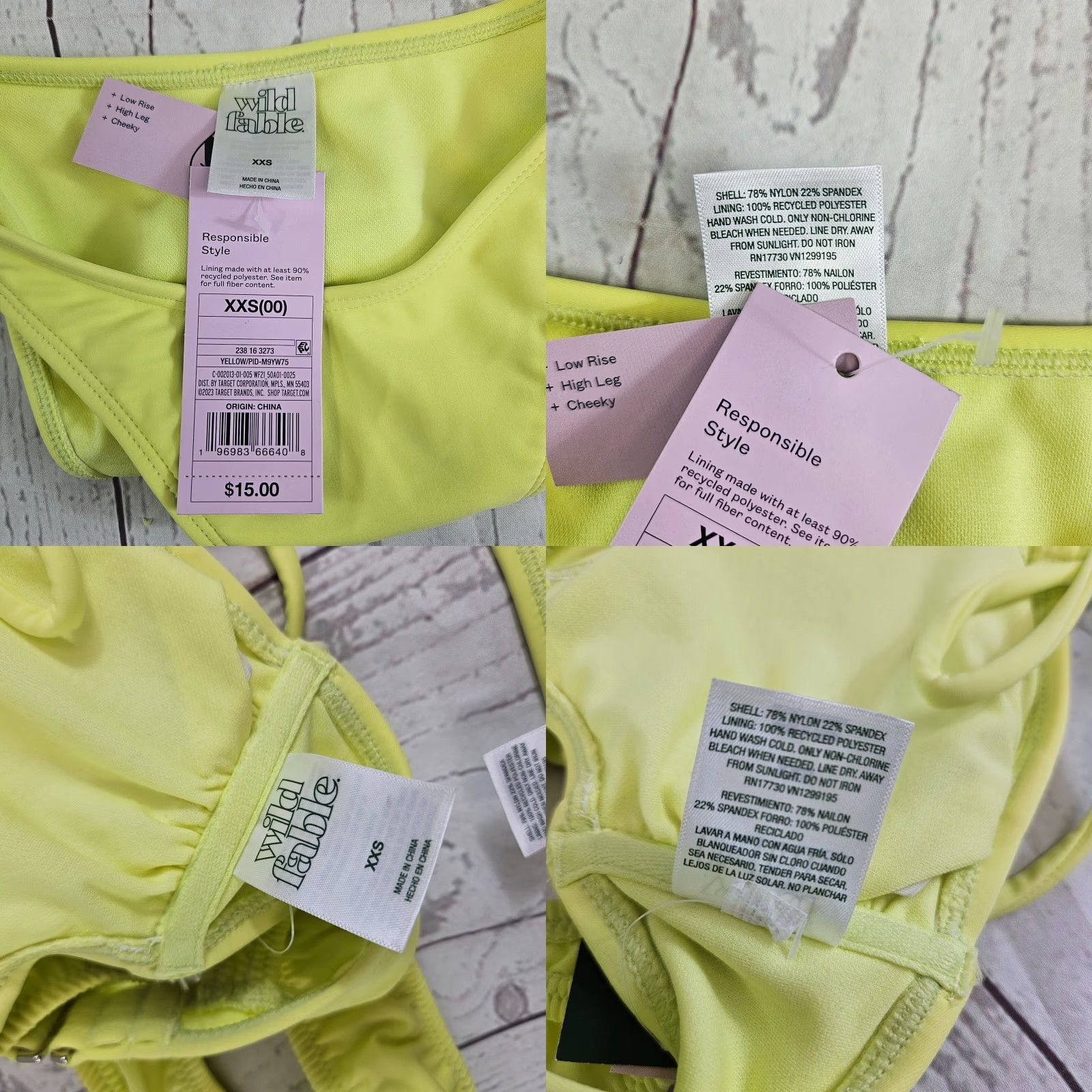 Vintage Wild Fable Bikini Womens 2 Piece 2XS Neon Yellow Low Rise High Leg Cheeky Size ONE SIZE - 8 Thumbnail