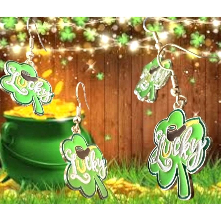 Handmade St Patricks Day Shamrock Earrings Lucky Hand Painted Metal N Size ONE SIZE - 6 Thumbnail
