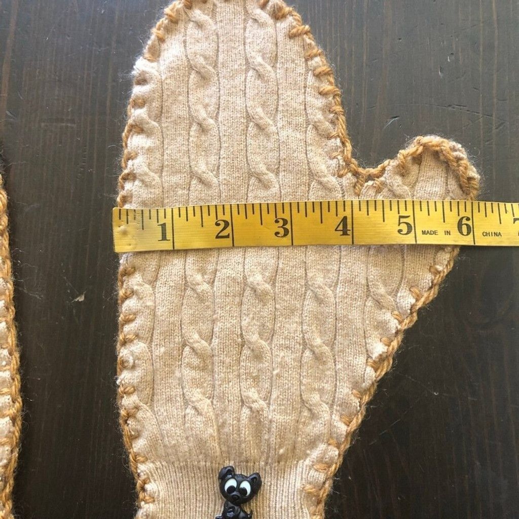 Vintage Cable Knit Wool Mittens 3D Puppy Appliqué Embroidery Beige L Size ONE SIZE - 6 Thumbnail