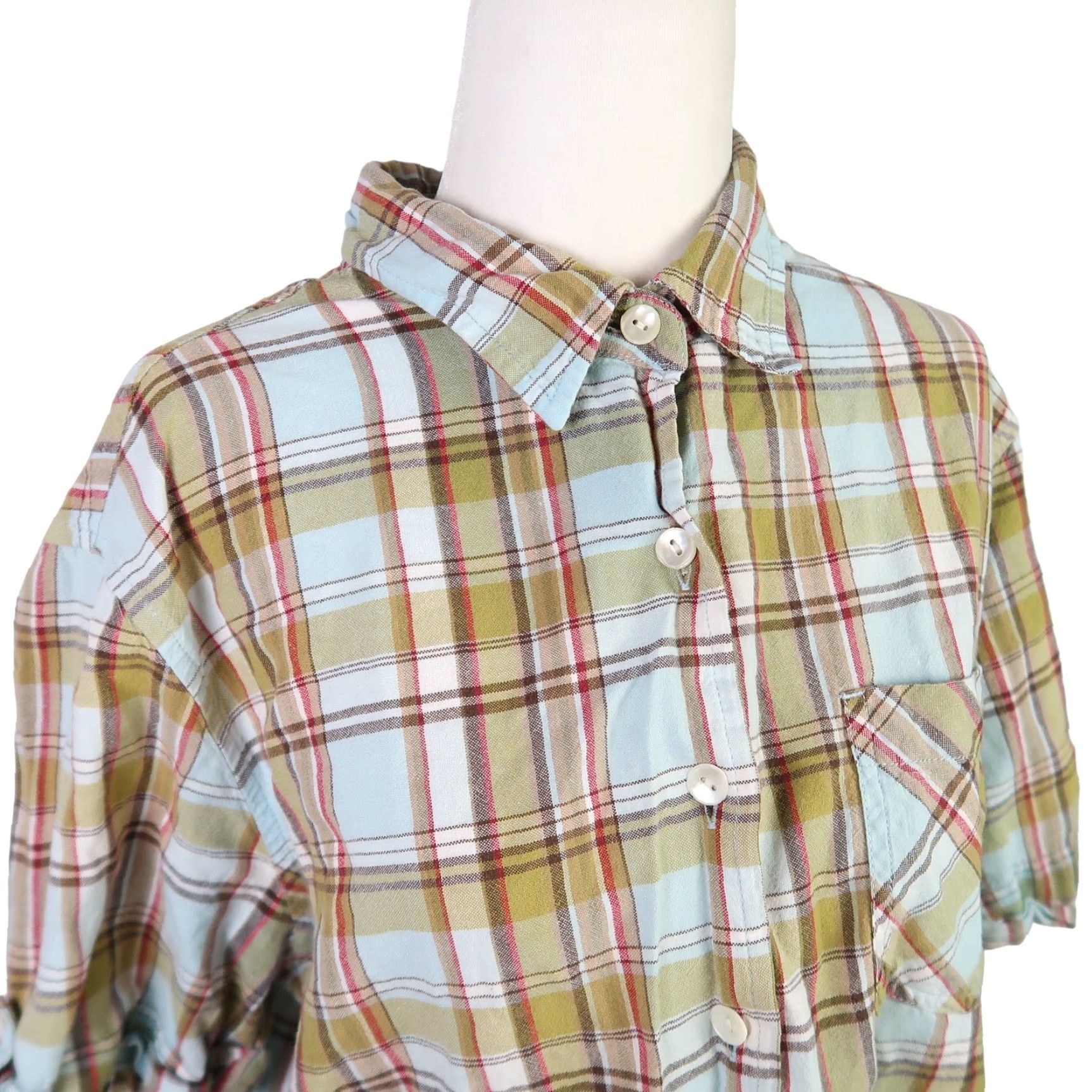 Vintage VINTAGE Erika Plaid Shirt Women 90s Short Sleeve Button-Up L Blue Green Casual 100% Cotton Size L / US 10 / IT 46 - 2 Thumbnail