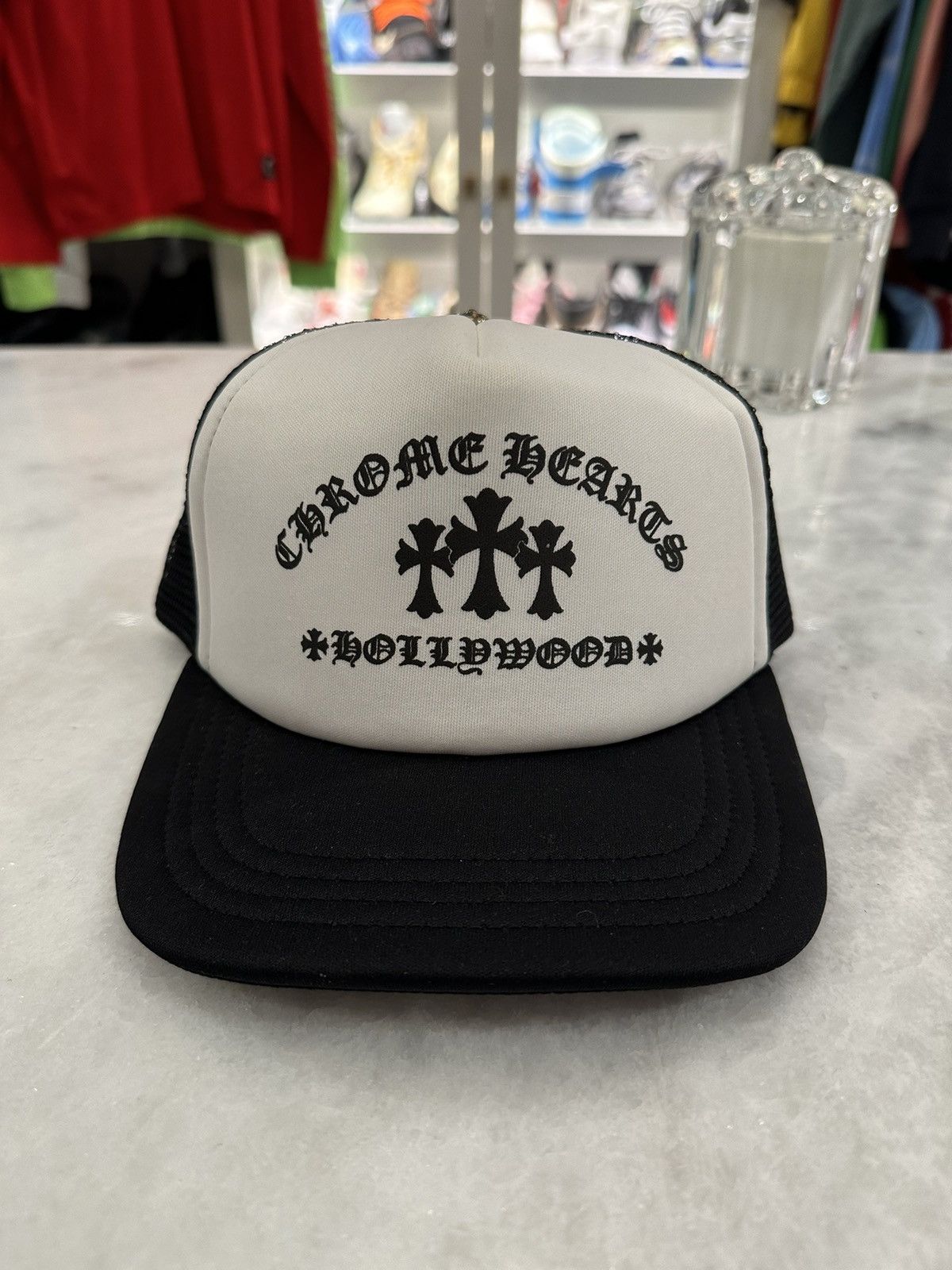image of Chrome Hearts Hollywood Cross “King Taco” Black Trucker Hat, Men's