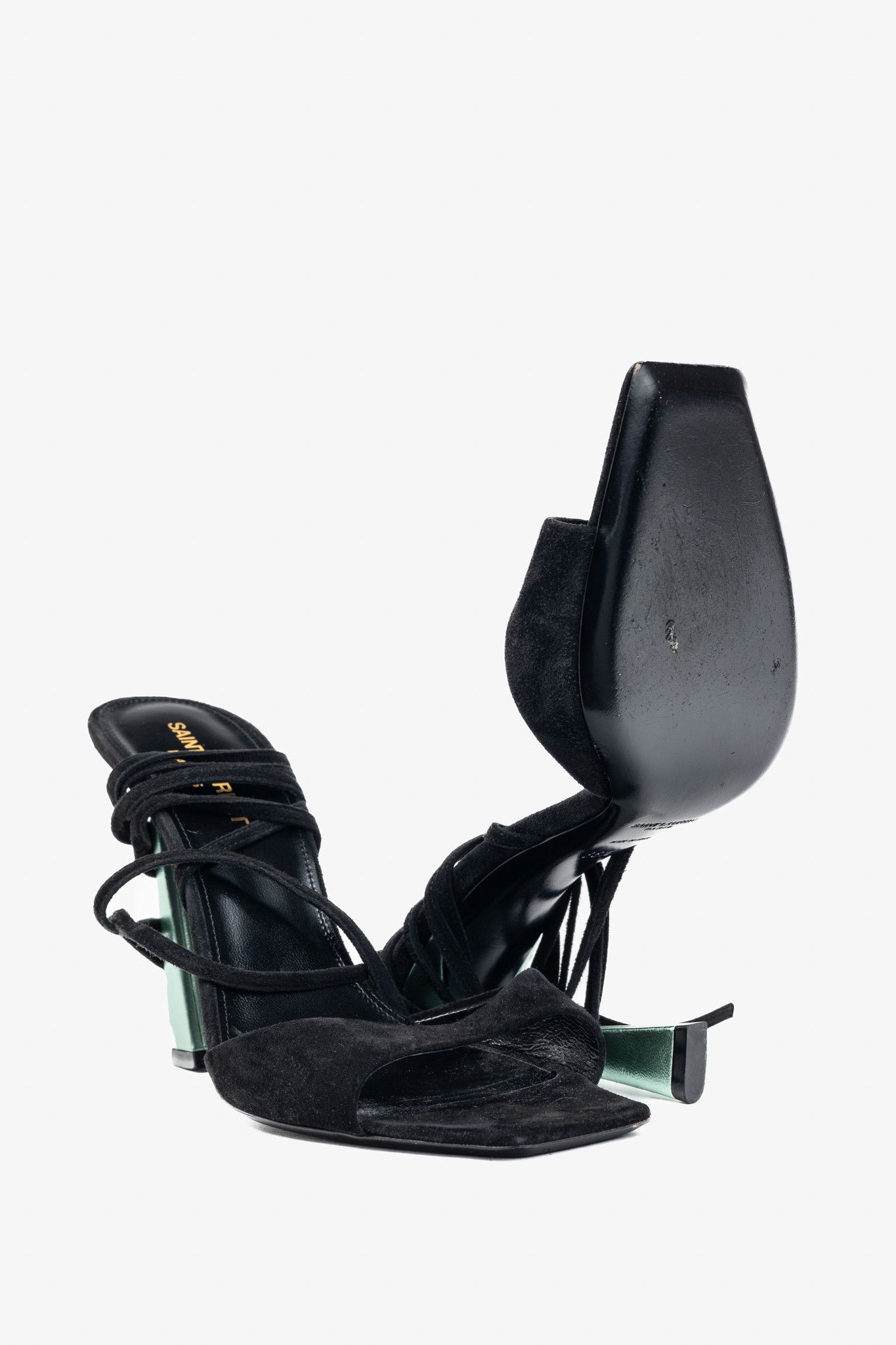 Saint Laurent Paris Saint Laurent Paz Black Suede Lace-Up Green-Heeled Sandals Size US 8 / IT 38 - 4 Thumbnail