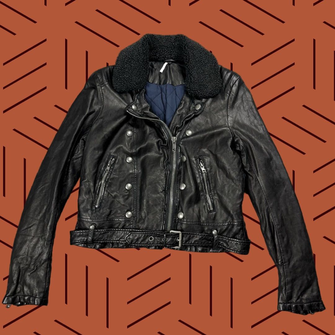 Free People FREE PEOPLE JACKET WOMENS LARGE BLACK PU VEGAN LEATHER SHERPA COLLAR MOTORCYCLE JACKET Size L / US 10 / IT 46 - 1 Thumbnail