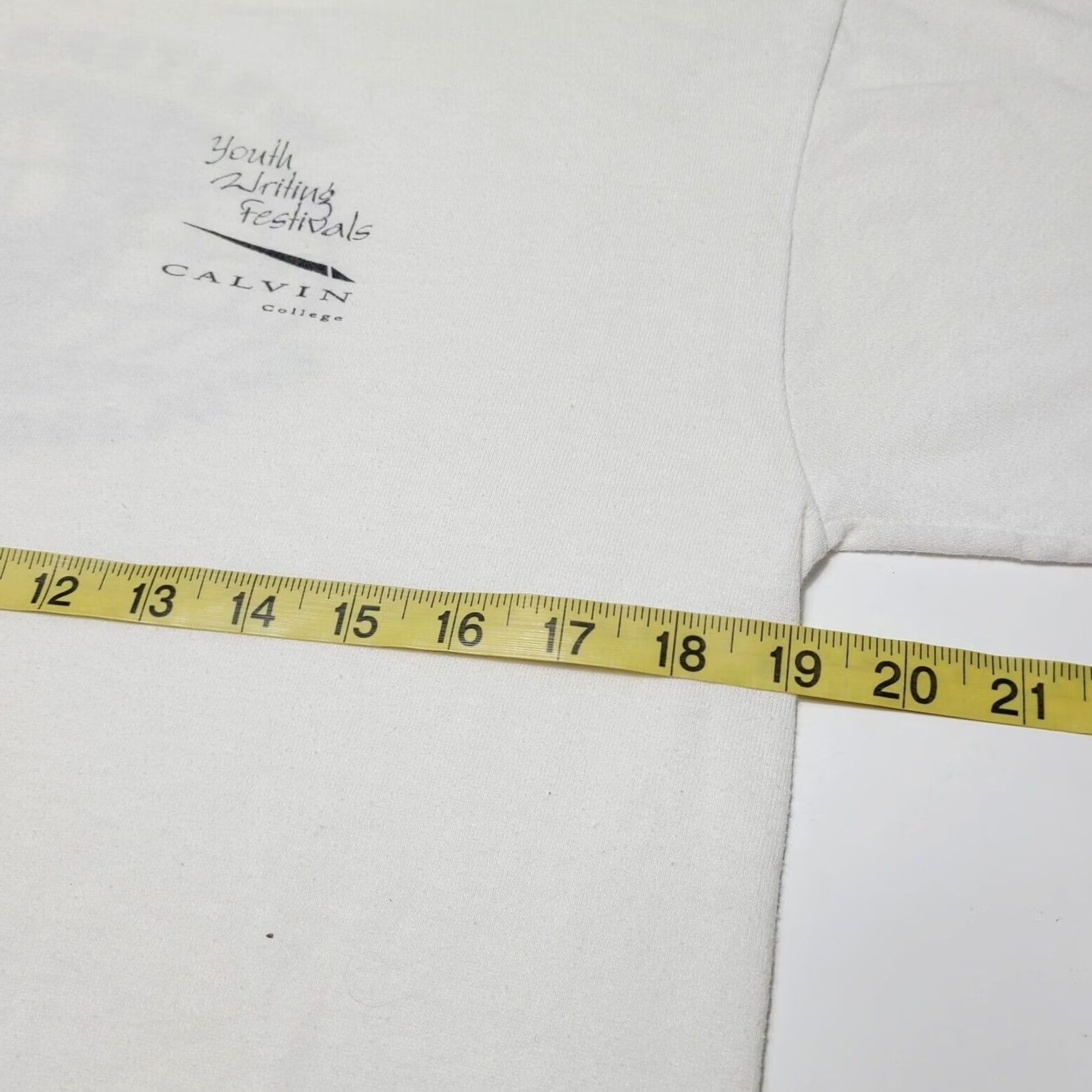Jerzees VINTAGE Writers Have Endless Possibilities Shirt Men’s Medium White Calvin College T-Shirt Crew Neck Short Sleeve Logo Solid College Theme Mens M Size US M / EU 48-50 / 2 - 6 Thumbnail