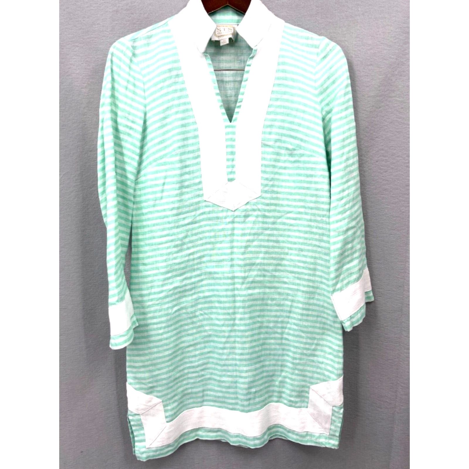 Vintage Sail to Sable Women’s Linen Dress XS Green White Stripe V-Neck Mini Casual Preppy 2020s Size XS / US 0-2 / IT 36-38 - 2 Thumbnail