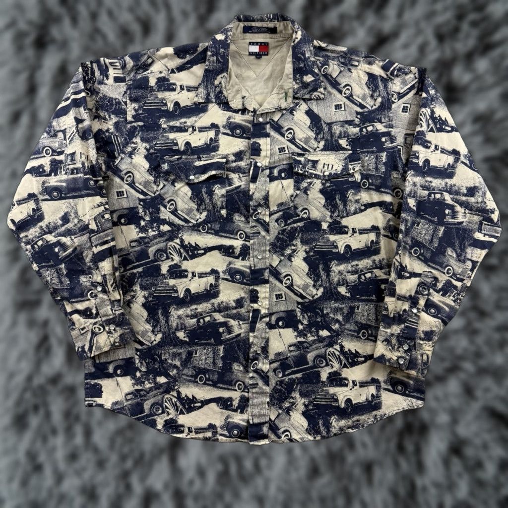 Tommy Hilfiger VINTAGE Tommy Hilfiger Shirt Men XL Car Print 90s Classic Pearl Snap Long Sleeve Blue Cotton Graphic Print Cars Mens XL Blue Size US XL / EU 56 / 4 - 1 Thumbnail